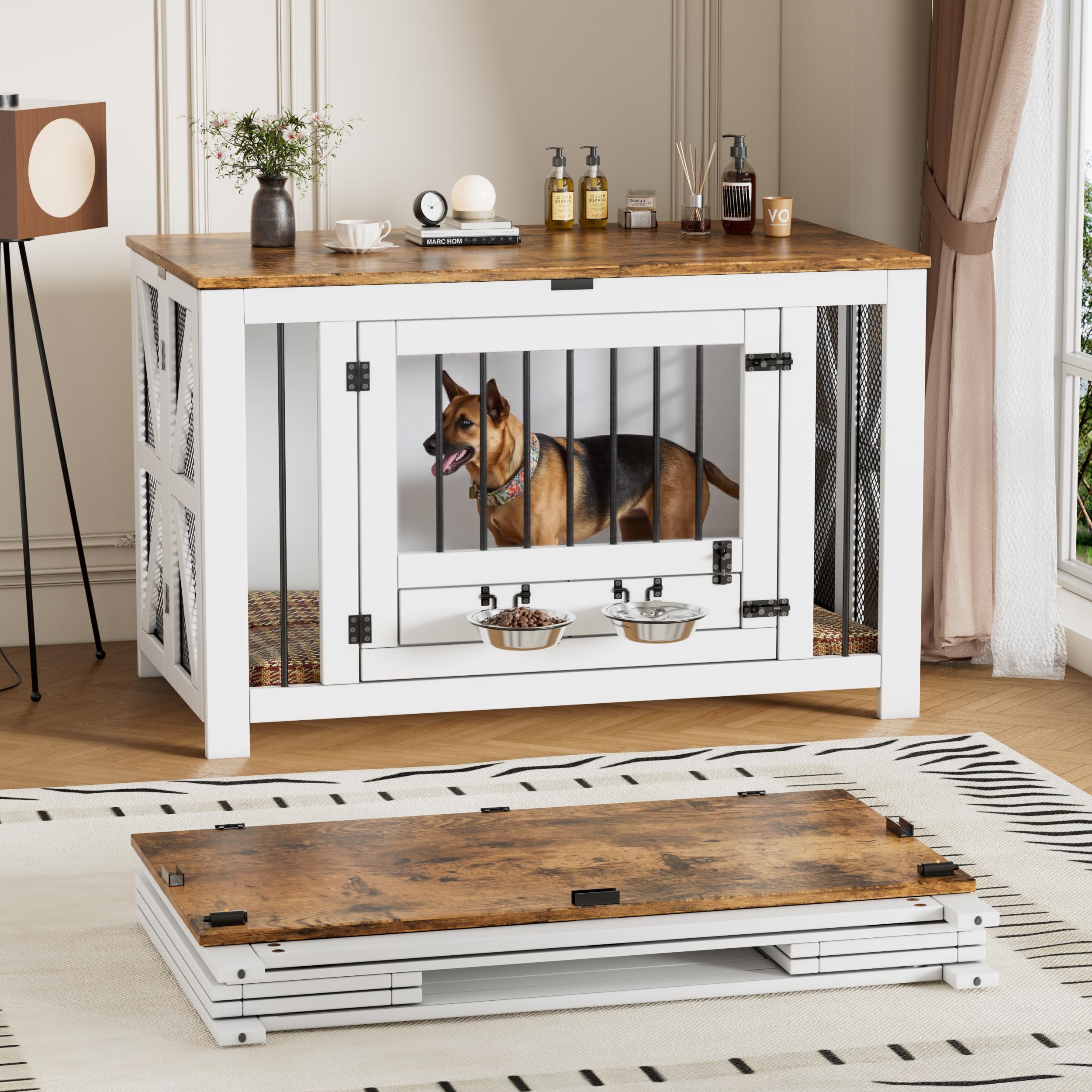Hundekäfig Möbel,105 cm Hundebox 2Futternäpfe,1Türen,Moderne Hundekäfig Indoor für Klein/Mittele/Große Hunde,Gitterbox HundFaltbar aus Holz,Beistelltisch,Tür mit Riegel,105 × 58 × 65,6 cm,Weiß Braun