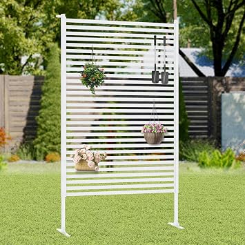 Outdoor Privacy Screen with Stand, Rustproof Metal Fence Panel, 35.43 x 71 PE-Coated Steel Slats, Decorative Privacy Fence for Patio, Garden, Backyard, Trash Can, White1 Panel
