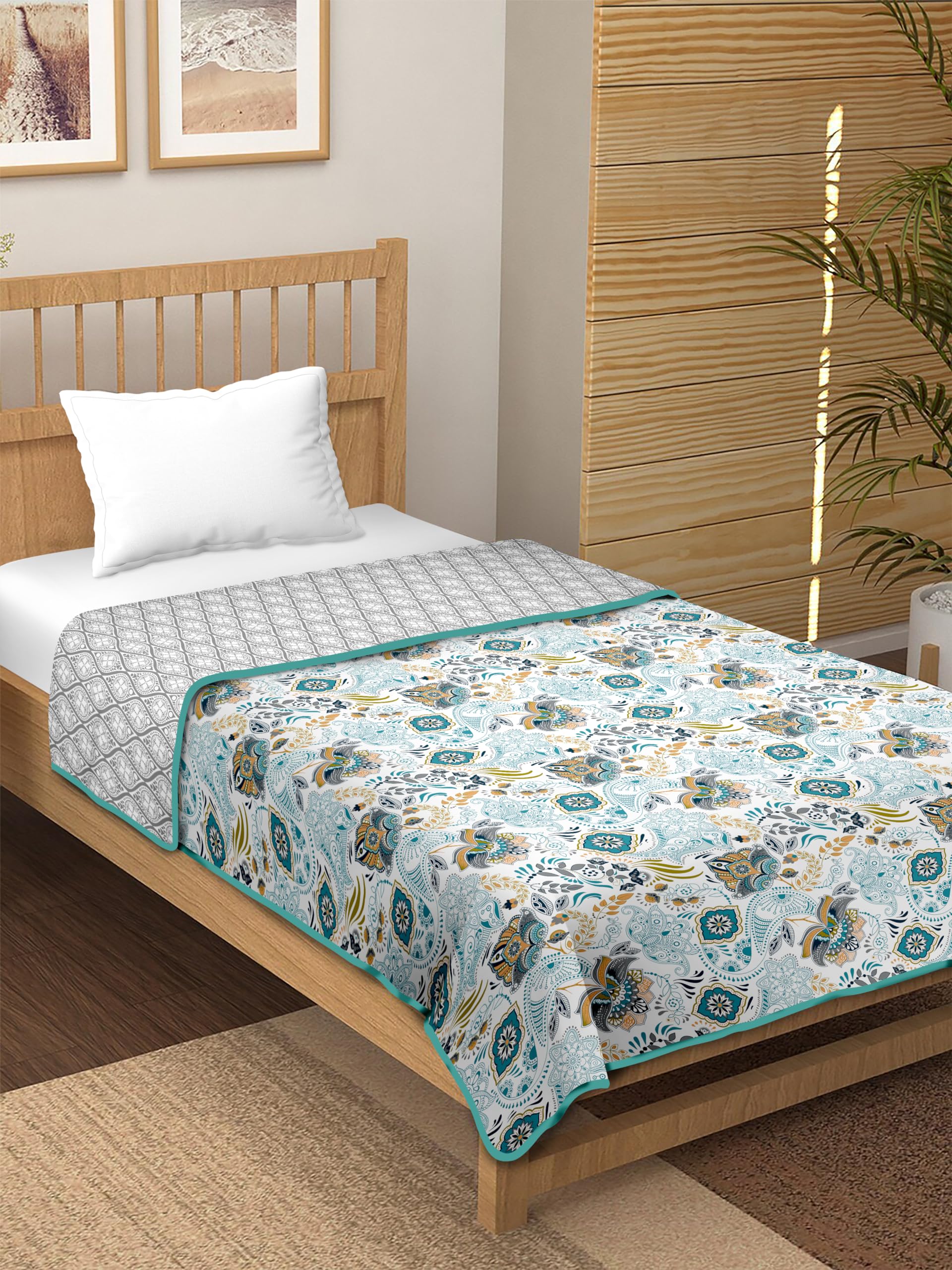 Tundwal's Cotton New Unique Floral Design Reversible Dohar |AC Blanket for Single Bed |All Weather Light Weight |Pack of 1-Kerry Blue