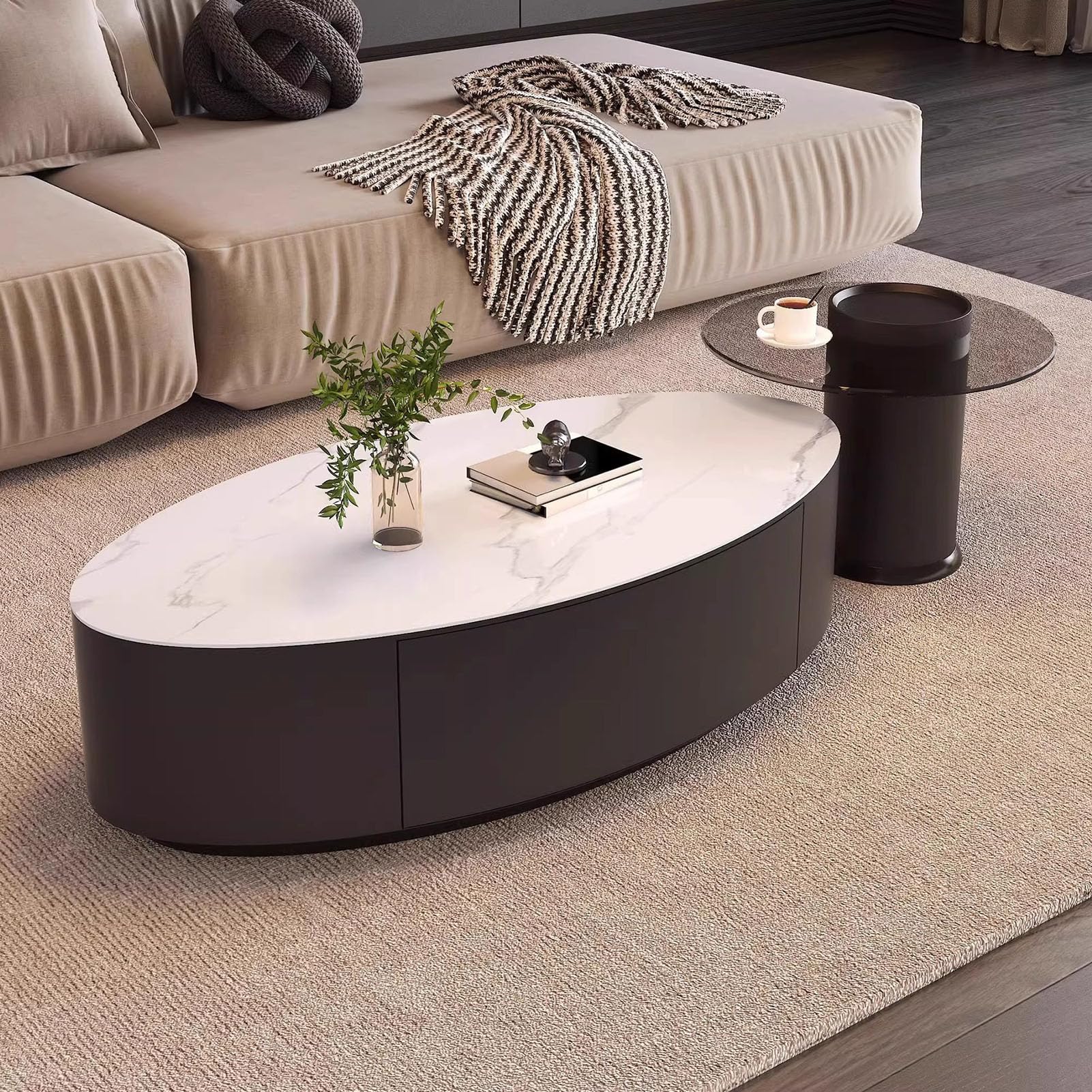 SXZenSpace Oval Nesting Faux Marble Coffee Table,Set of 2 Round Glass End Table Stacking Side Tables Modern Center for Living Room,B,120cm(47")+60cm(24")
