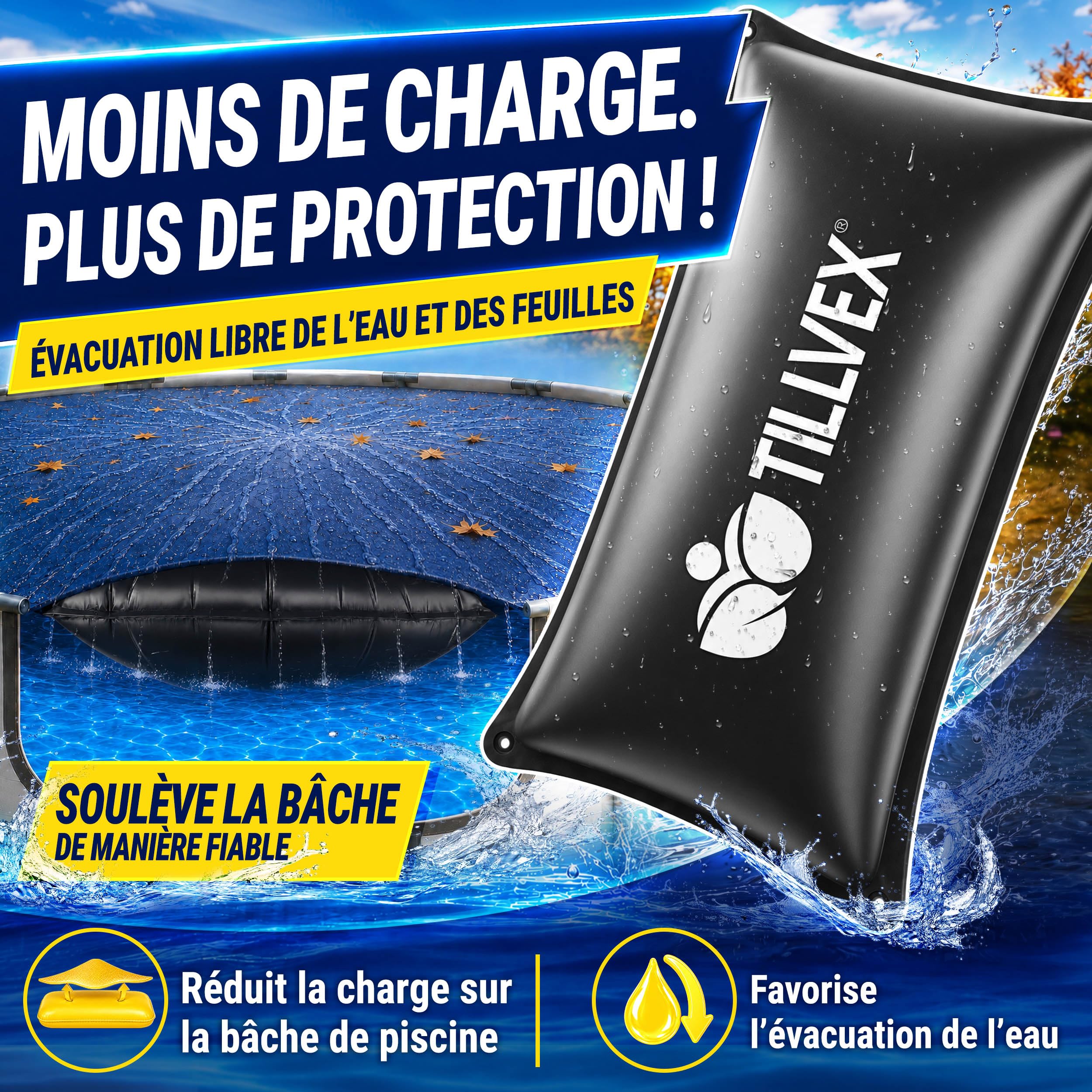 tillvex® Coussin Hivernage Piscine 2x2,4m + Corde 12m & Kit Réparation | Coussin d'air hivernage piscine, résistant gel & chlore jusqu'à -20°C | Valve à vis incluse | Protection piscine hiver