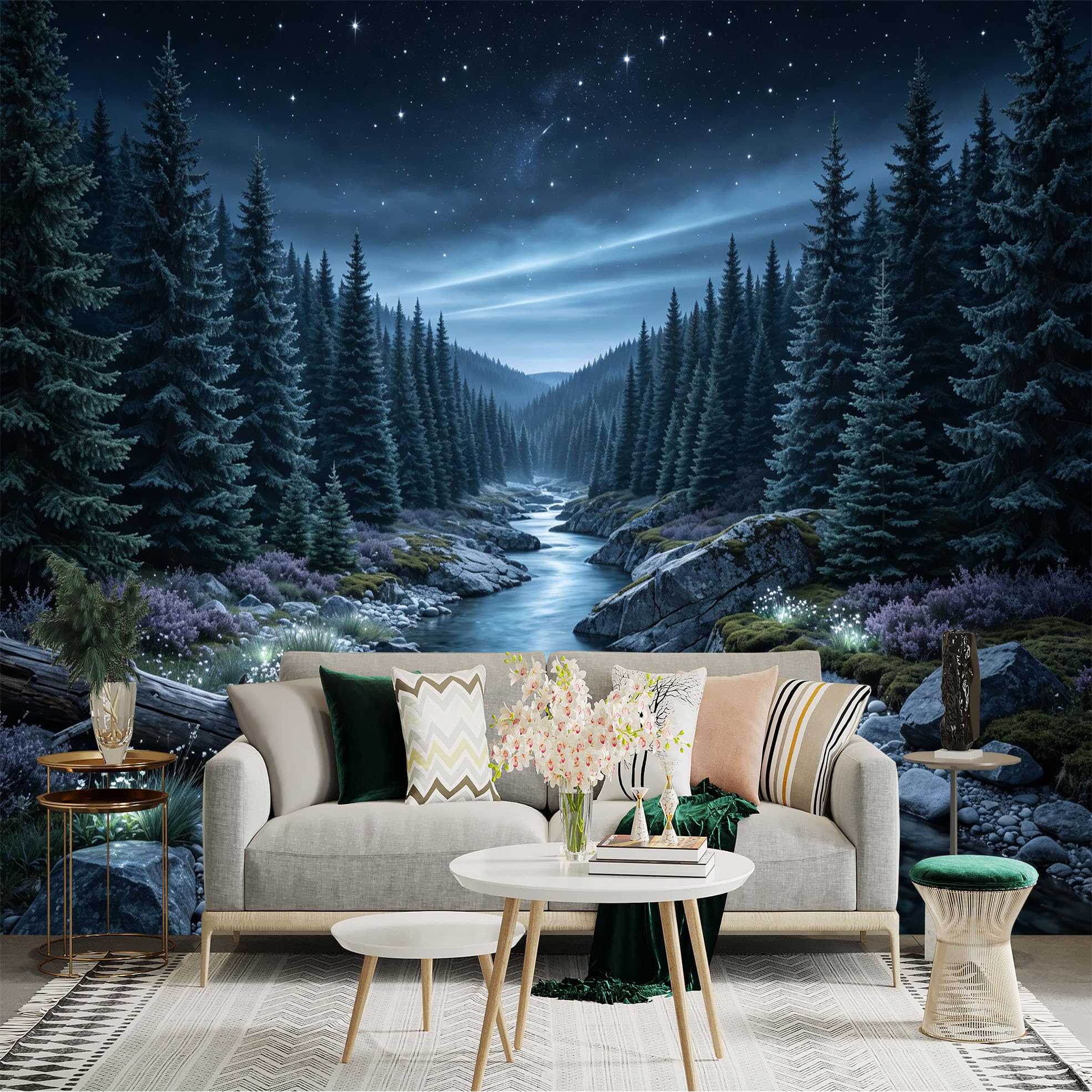 Custom Size Wall Sticker Mural， Enchanted Midnight Forest Stream， Glowing River Under Starry Night Sky， for wall Decoration， peelandstick wall Decals.
