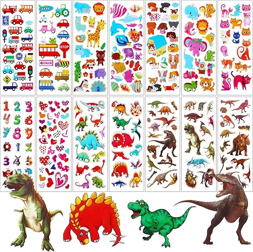 UPINS 14 hojas diferentes (más de 200 unidades) calcomanías hinchadas 3D de dinosaurios para niños, calcomanías de insectos de animales, álbumes de