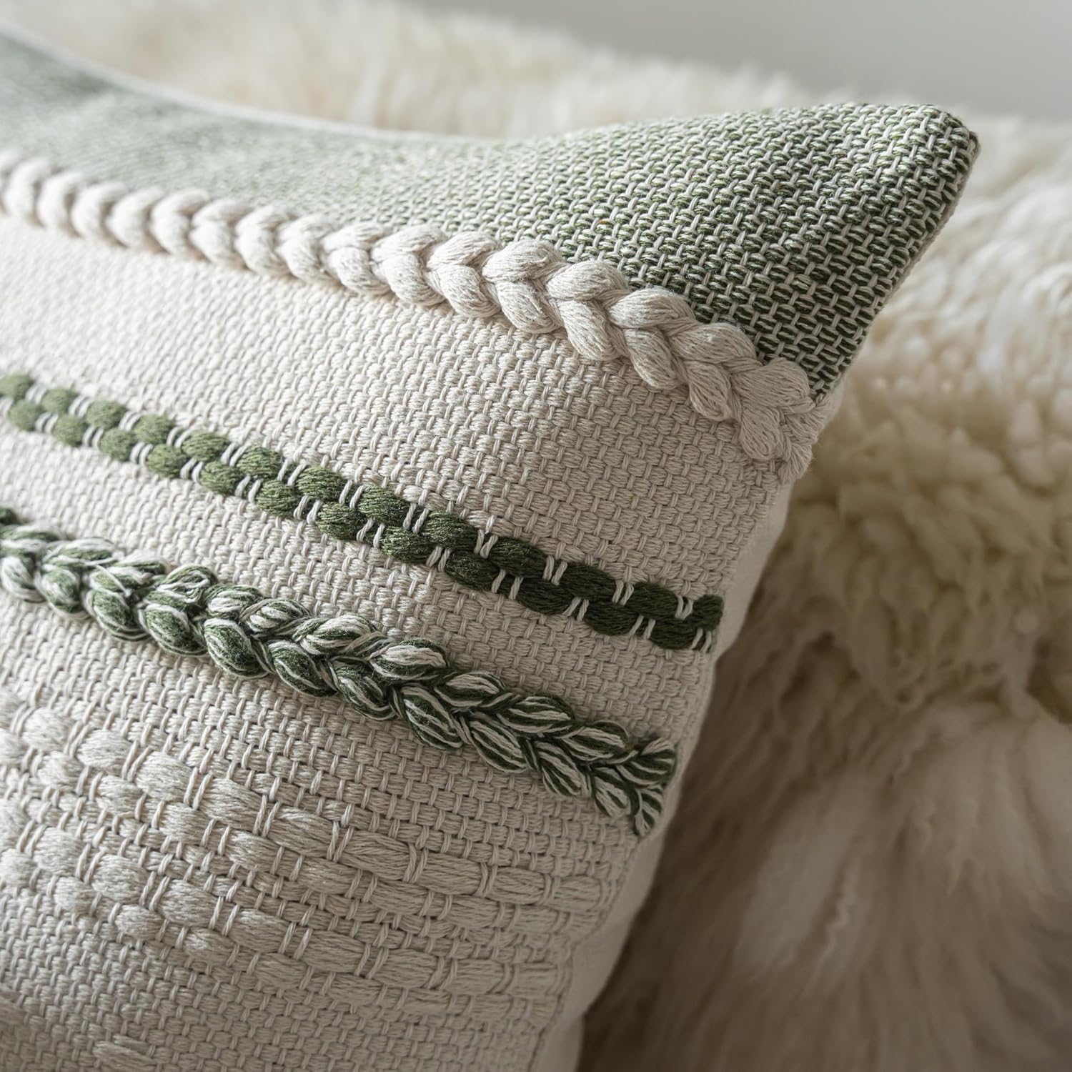 Cethom Boho Throw Pillow Covers 18x18 Inch Set of 2, Green Textured Decorative Couch Pillow Cases for Farmhouse Home Decor, Accent Cushion Cover for Sofa, Bed, Living Room, Bedroom