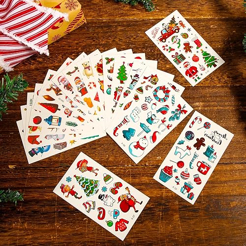 Miniatura 4 de 20 hojas de tatuajes temporales de Navidad para niños, muñecos de nieve, Papá Noel, campana, campana, caja de regalo, calcomanías de tatuaje,