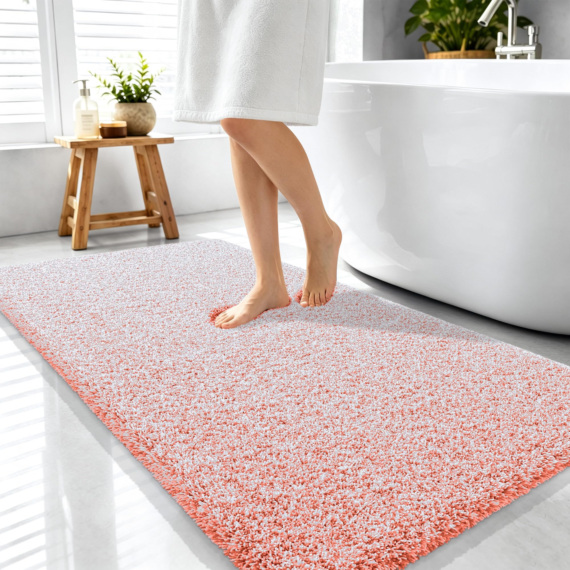 OLANLY Microfiber Bathroom Rugs 44x24, Quick Dry Bath Mat, Coral and White