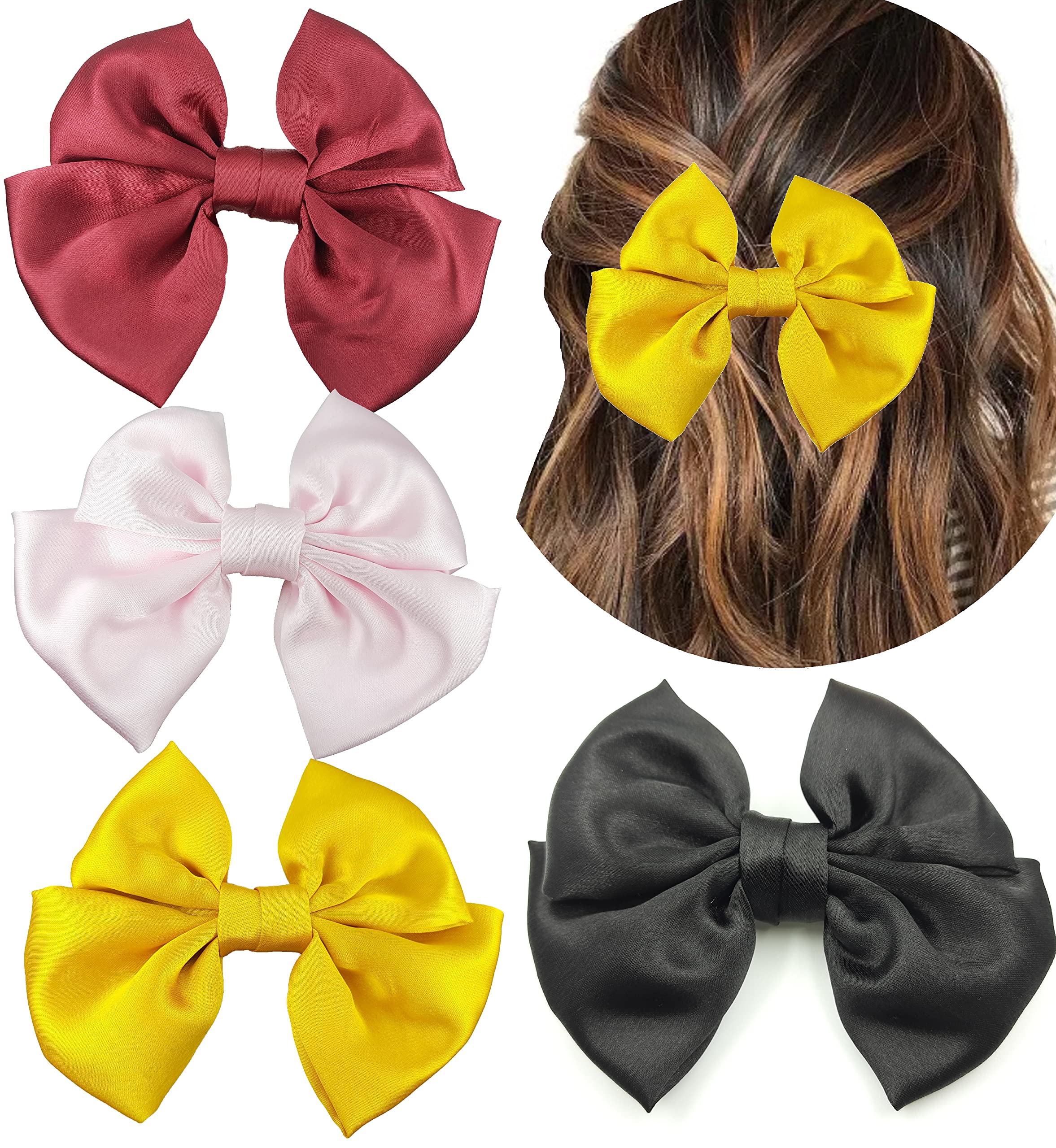 Karki Fusion Set of 4 Cute Satin Bow Hair Clip for Women/Bow Alligator Hair Pin (Large)