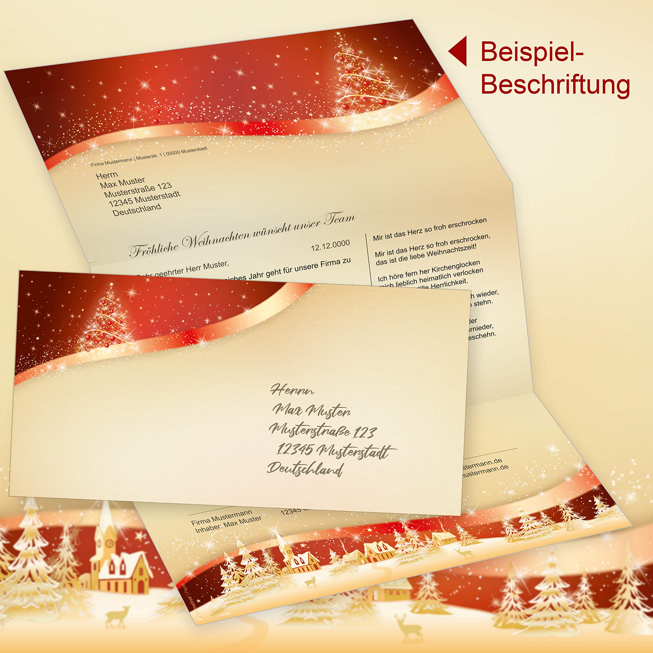 ROT GOLD 250 Sets Weihnachtsbriefpapier mit Umschläge ohne Fenster, Briefpapier Weihnachten A4