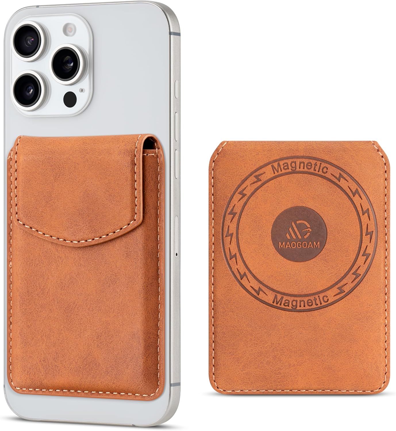 maogoam Magnetic Leather Wallet Compatible With MagSafe, Leather Magnetic Cards Holder With Flap Cove for iPhone, Ultra Slim, Fit 4 Cards, RFID Blocking, Khaki Brown