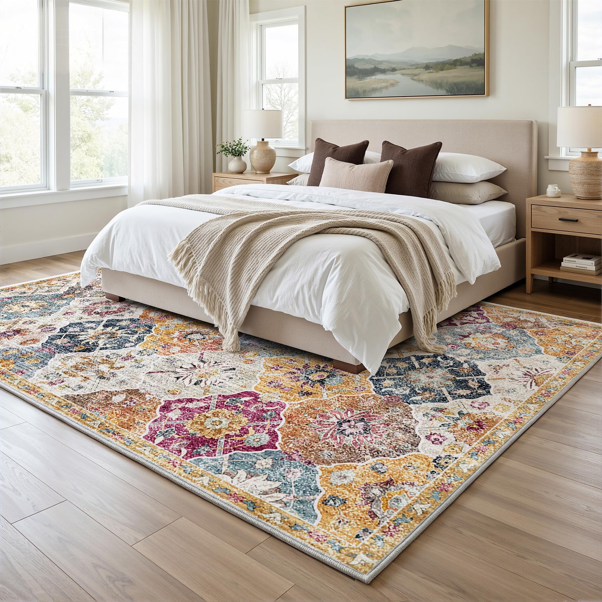 Boho Retro Wohnzimmer Teppich 160x230 cm, Kurzflor Teppich mit Blumenmuster, 1200g/m³ Polyester Maschinwaschbar mit Rutschfester TPE-Unterlage für Schlafzimmer, Esszimmer, Küche, läufer, Bunt