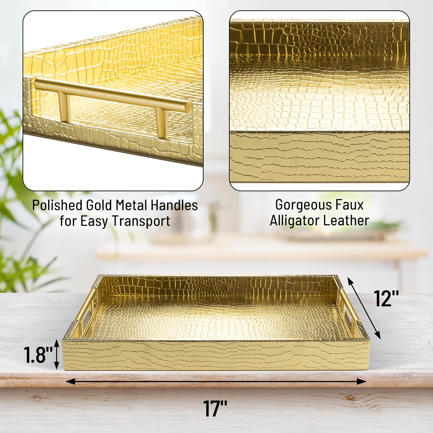 17" x 12" Wood Serving Tray with Gold Polished Metal Handles, Home Decorative Wooden Rectangle Ottoman Leather Decor Platter Bathroom Vanity Tray for All Occasions Alligator Gold - Image 2
