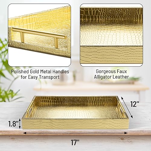 Miniatura 2 de Bandeja de madera para servir de 17 x 12 pulgadas con asas de metal pulido dorado, rectangular de madera para decoración del hogar, bandeja de