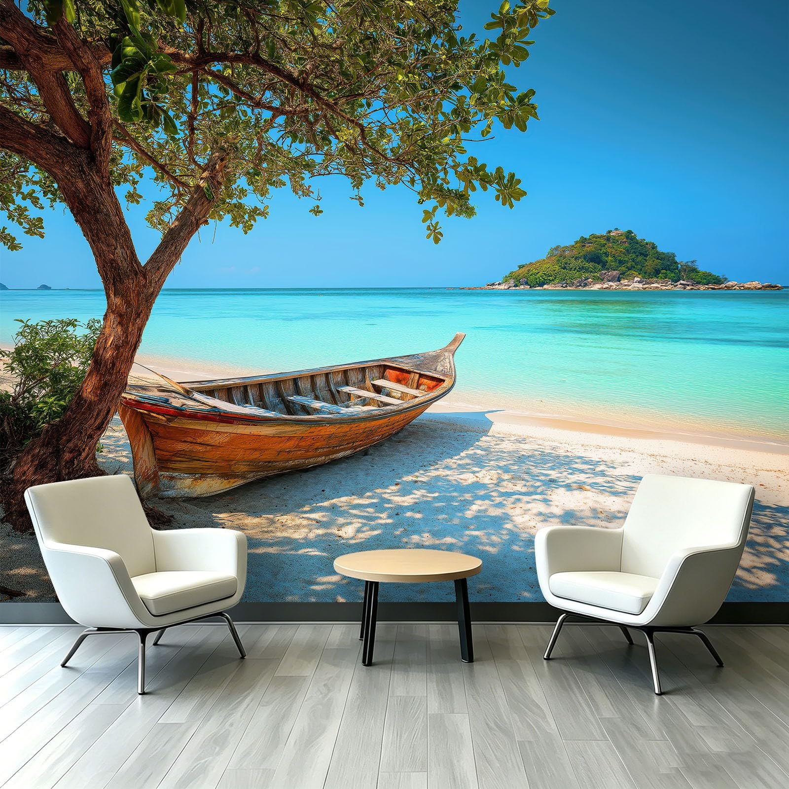 Carta da parati fotografica con isola naturale, 300 x 210 cm (larghezza x altezza), in tessuto non tessuto, decorazione da parete, motivo spiaggia, barca in legno, foglie, per camera da letto
