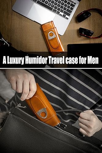 Miniatura 5 de Estuche de viaje de cuero para cigarros con cortador y caja de regalo, humidificador forrado de madera, regalo perfecto para hombres