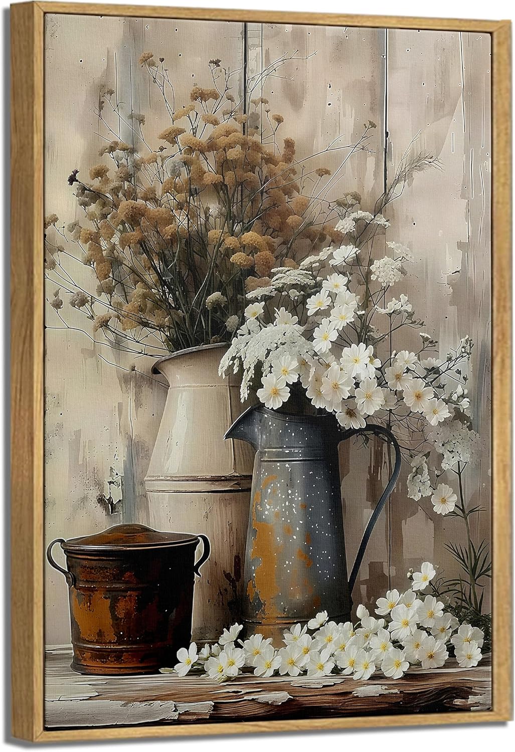 Framed Rustic Farmhouse Daisy Canvas Wall Art Vintage Country Flower Painting Picture Wall Decor Daisy Flowers and Watering Can Poster Print Artwork for Livingroom Bathroom Home Decoration Daisy 24L"x16W"