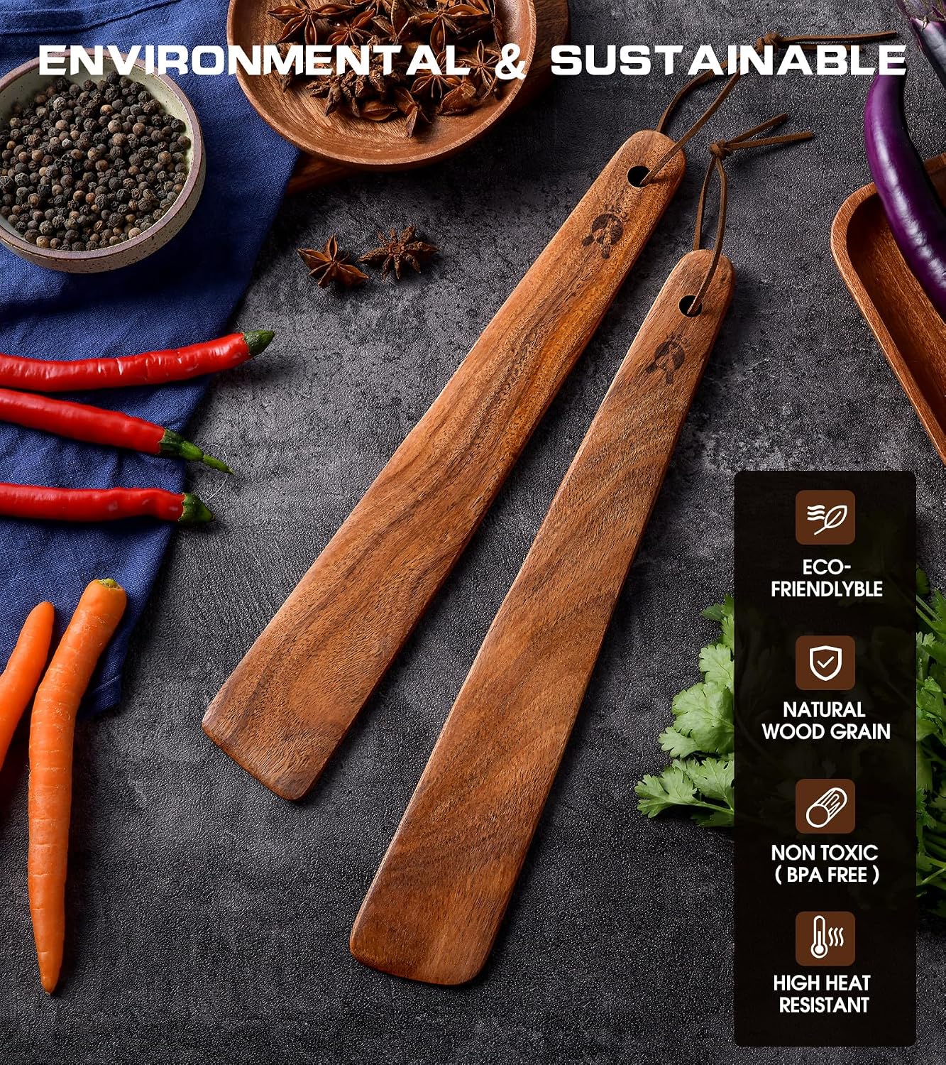 12" Teak Wooden Spatula for Cooking, 2Pcs Wood Turner Scraper for Cast Iron