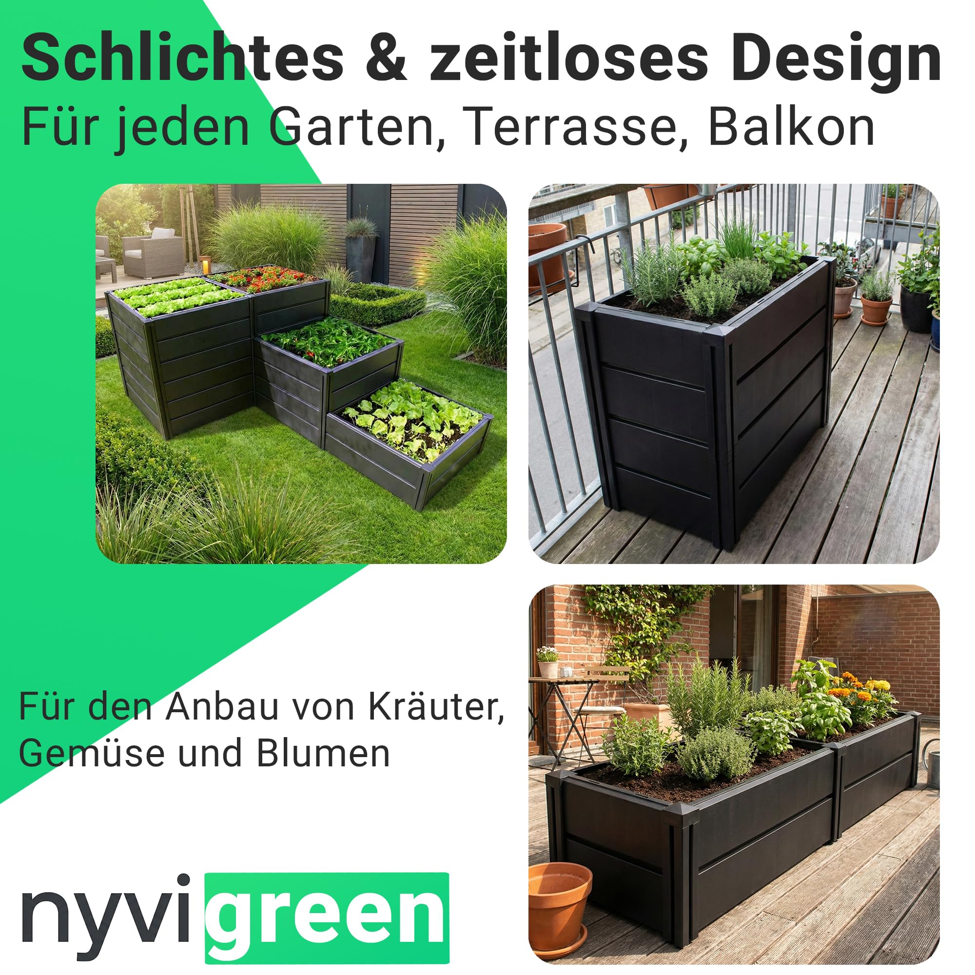 NYVI Hochbeet NYVIGreen M 82x82x61cm 336 Liter - Kunststoff Kräuterbeet für Garten, Terrasse, Balkon - Wetterfest, UV-resistent, Rostfrei, Langlebig - Einfache Steckmontage & Erweiterbarkeit