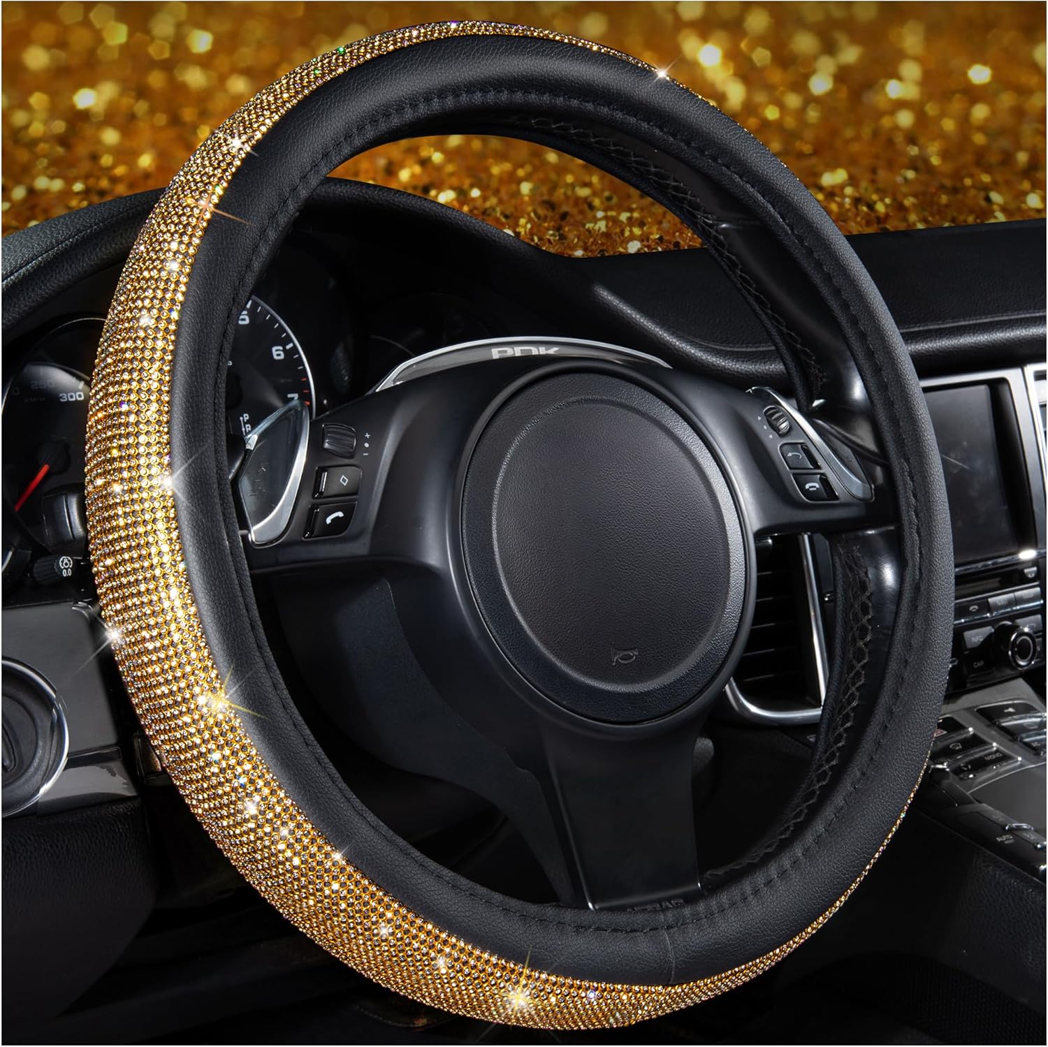 CAR Pass Rhinestones Diamond Bling Steering Wheel Cover, Universal Fit for SUV,Vans,Sedan,Car,Truck 14.5-15inch Universal Fit (Golden) Crystal Glitter for Women Sparkle Girly Sparkling Gold Shining