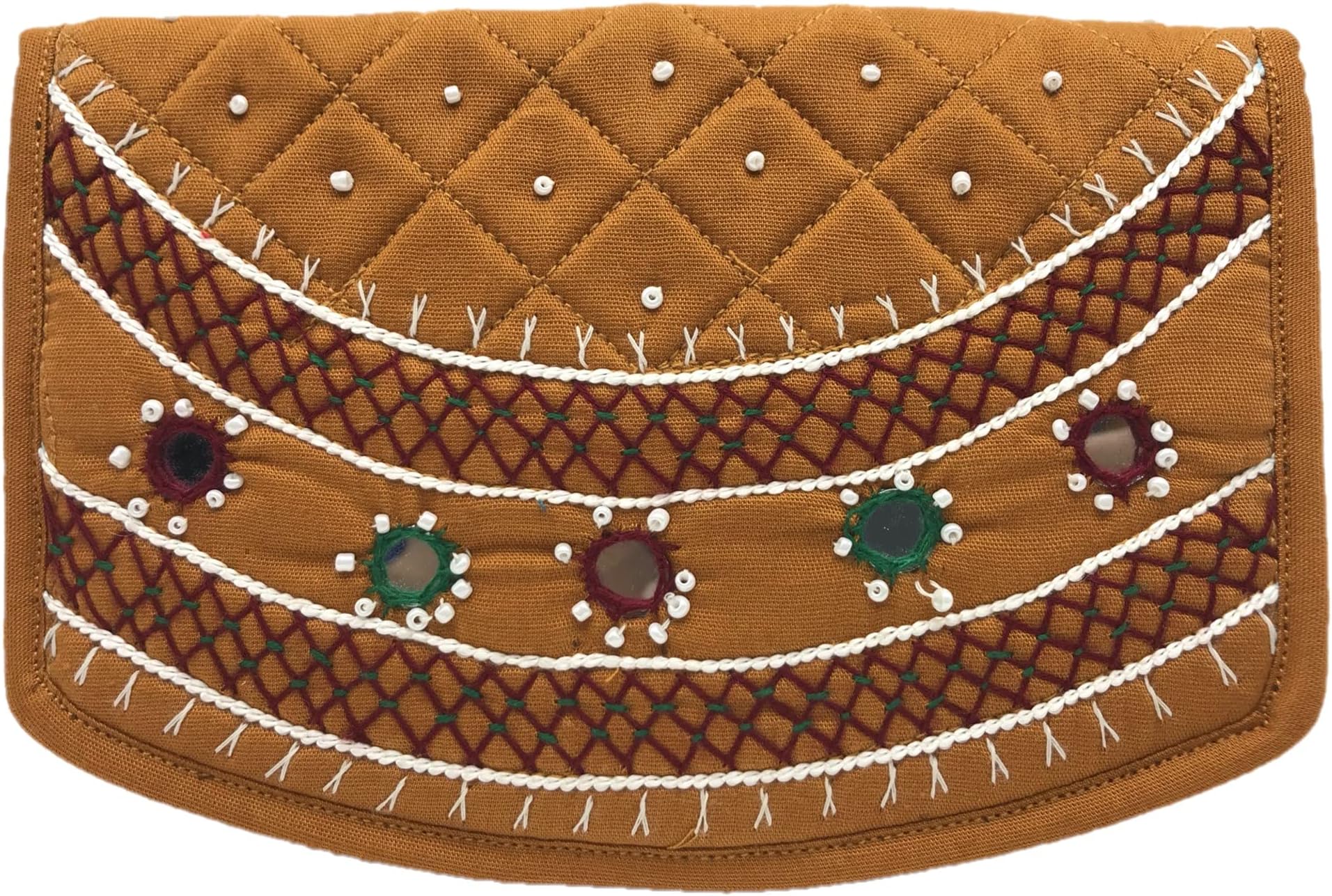 srishopify handicraftsWomen's Hand Purse Banjara Traditional Hand Poches Cotton Clutch Purse for Girls Wallet (6.5 Inch Small Pocket Yellow Purse Mirror, Beads and Thread Work Handcraft)