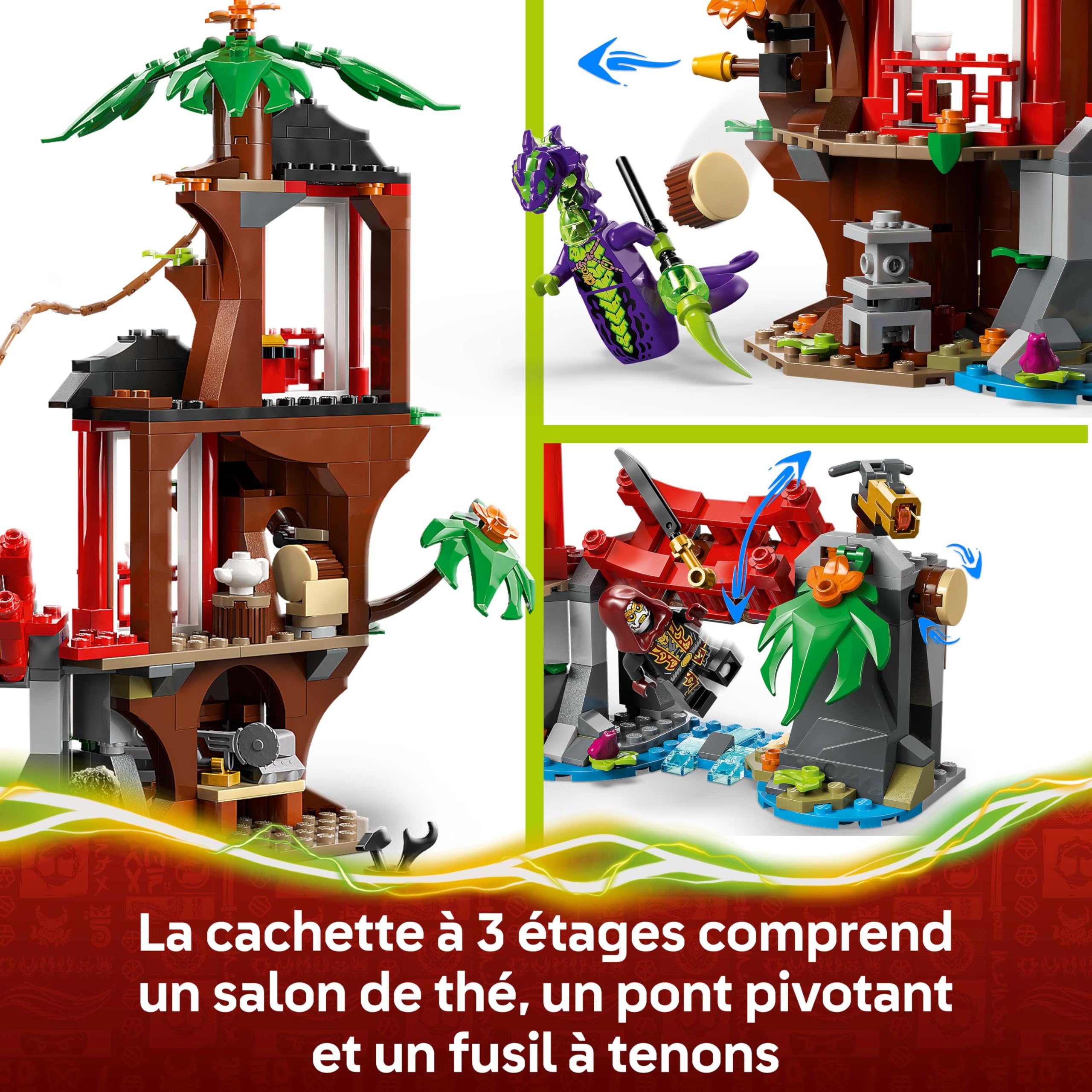 LEGO Ninjago La Cabane et Les Véhicules des Ninjas - Jouet Interactif avec Moto, Hélicoptère, 6 Minifigurines & Sabres - Cadeau pour Garçon dès 7 Ans & Fans 71857