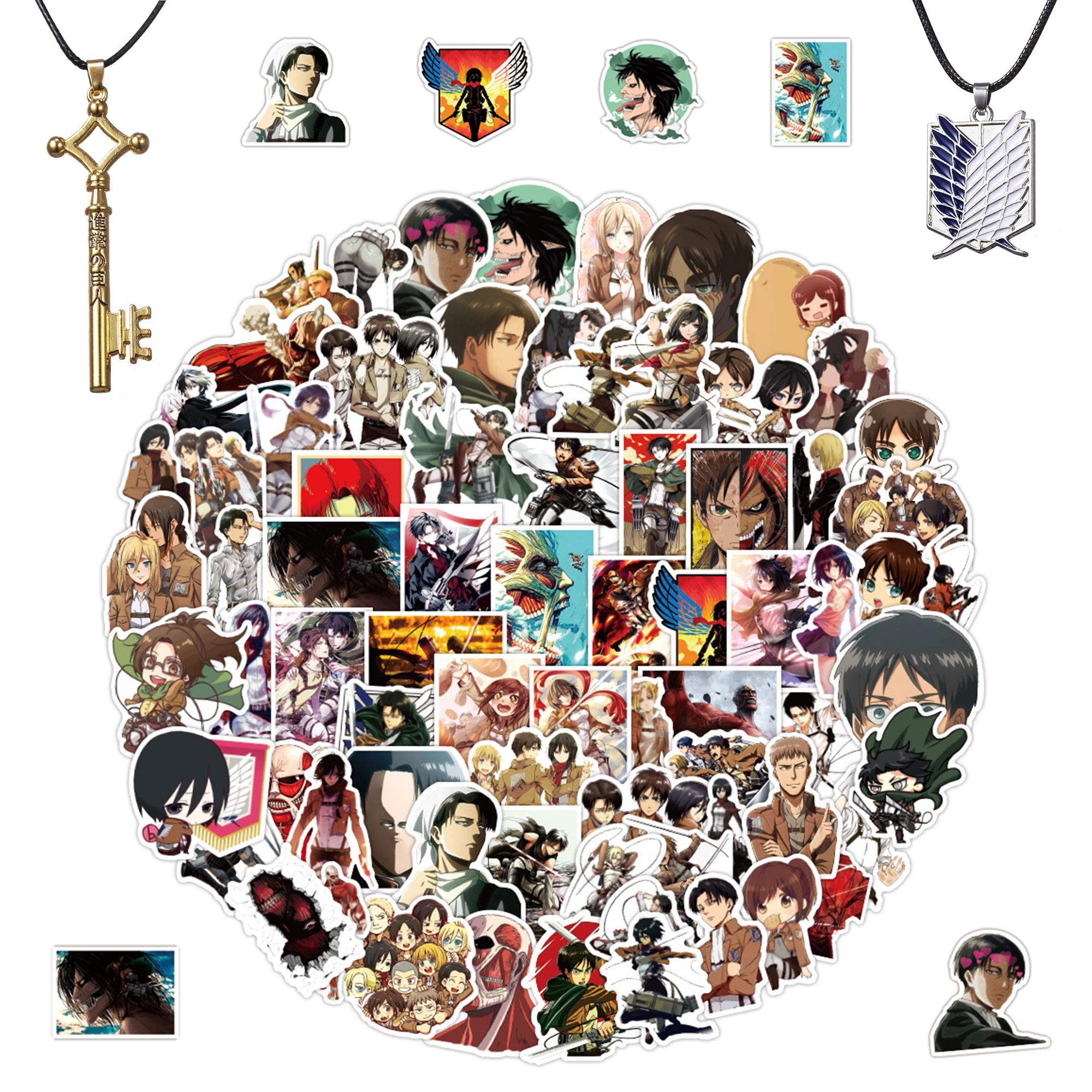 100Pcs Attack on Titan Stickers, Dual Wing Pendant Necklace, Eren Jaeger Key Pendant Necklace, Gifts Attack on Titan Manga Character Guitar Travel Case Sticker Door Laptop Bicycle Sticker