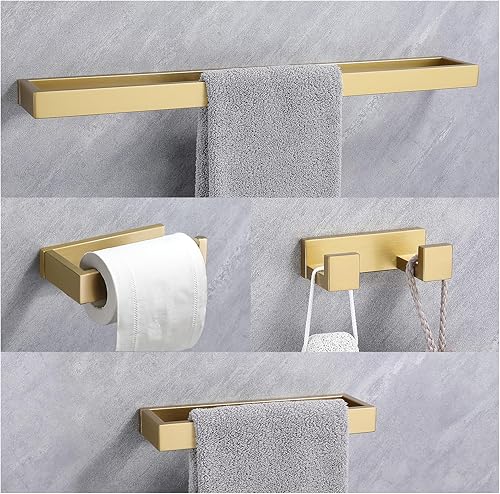 Lairuier Juego de accesorios de baño, juego de accesorios de baño de 4 piezas de oro cepillado, incluye toallero, soporte para toallas, soporte para