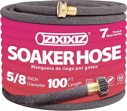 100FT 5/8-Inch Soaker Hose with Metal Staples, Flexible with Solid Brass Connector, Leak-Resistant Watering System for Gardens & Vegetable Beds