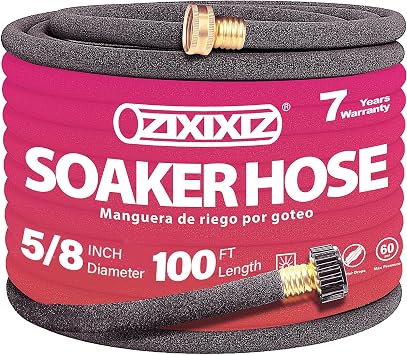 100FT 5/8-Inch Soaker Hose with Metal Staples, Flexible with Solid Brass Connector, Leak-Resistant Watering System for Gardens & Vegetable Beds