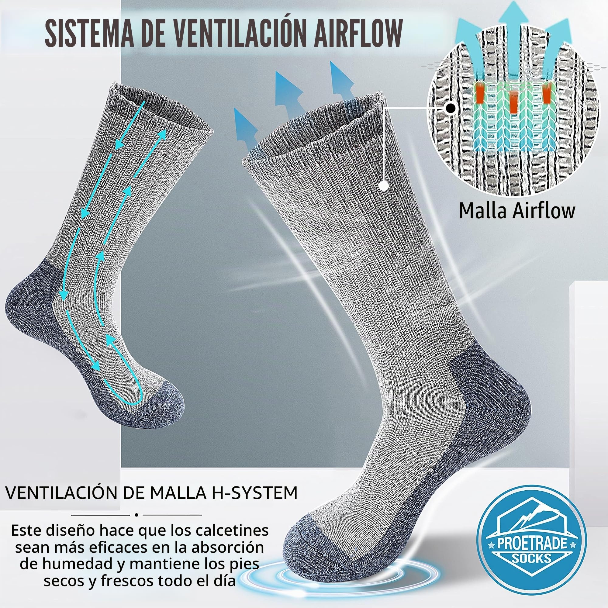 PROETRADE Calcetines Térmicos Lana Merino 4 Pares, Invierno Gruesos Cálidos Antiampollas Running Ciclismo Talla 36-46