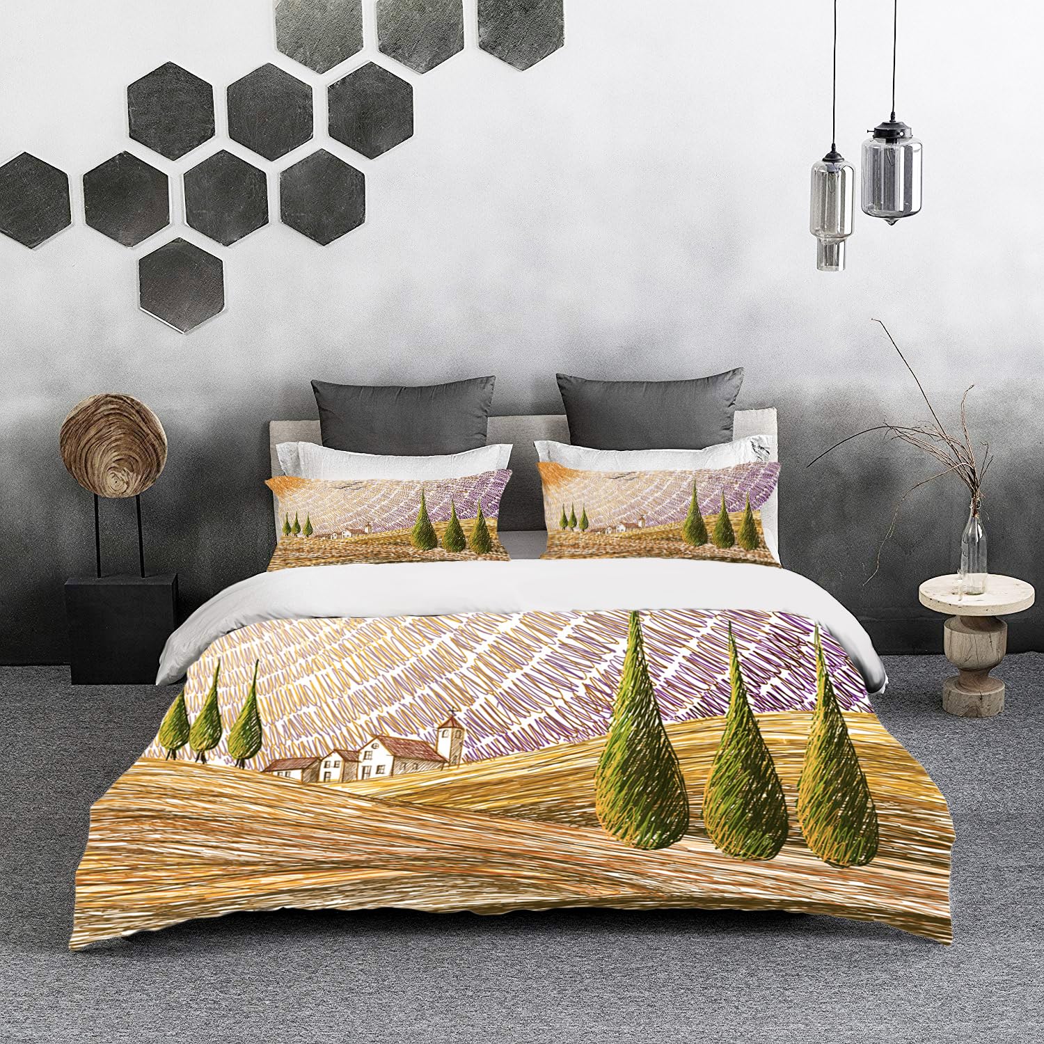 3 Piece Duvet Set Ultra Soft Bedding Set,Tuscan set, rural fields of the Italian valley of Van Gogh with landscapes,Comforter Set 94 x 102 in +2 Pillowcases 30 x 20 in