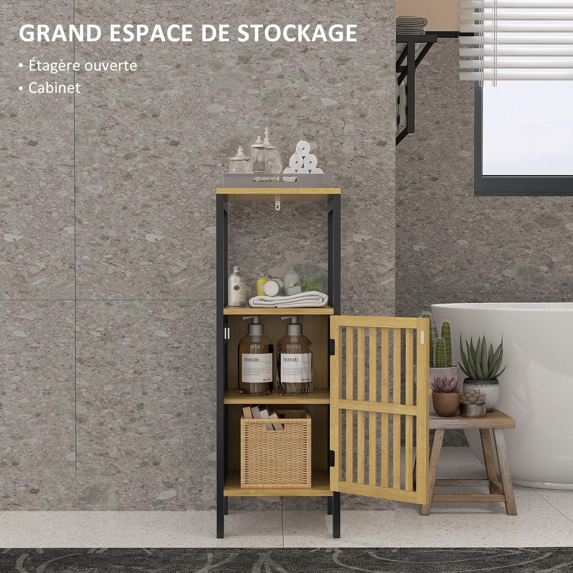 HOMCOM Meuble Bas de Salle de Bain Placard 32 x 30 x 90,5 cm, Noir et Bois