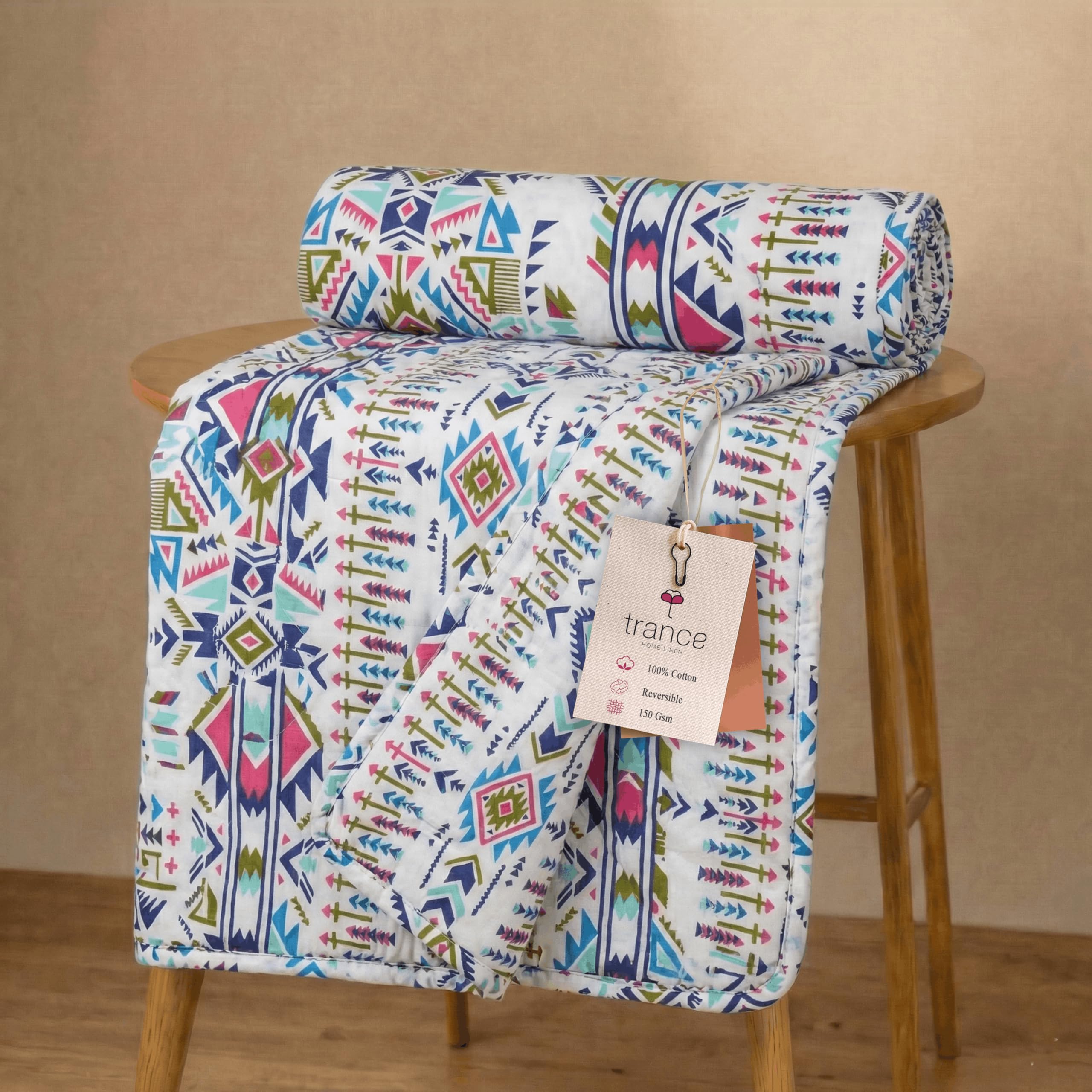 TRANCE Home Linen Premium 100% Cotton Dohar for Single Bed | 150 GSM | Reversible Ac Comforter | Light Weight All Season Soft Blanket (58x90 Inches | Aztec Sea Blue)