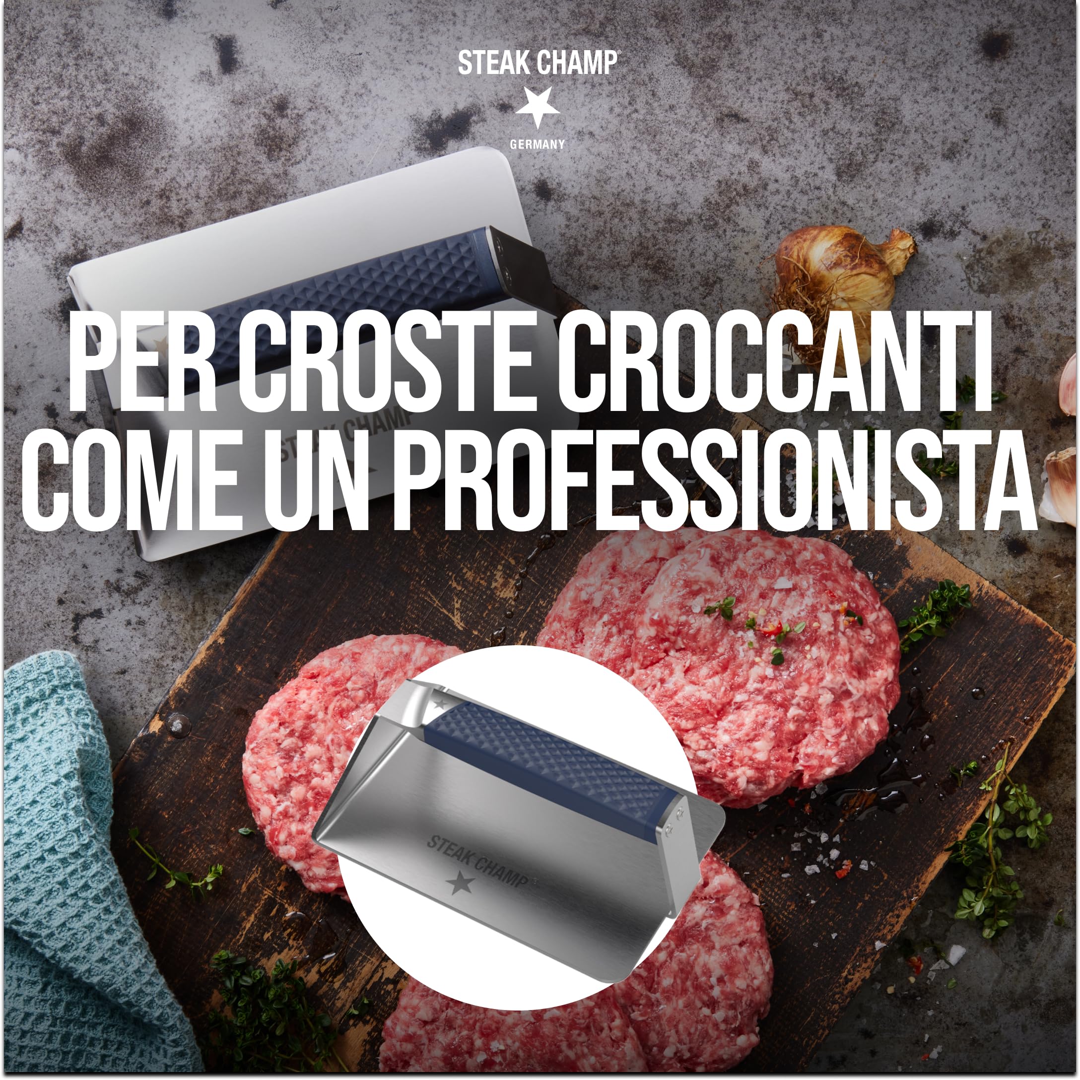 Steakchamp Burger & Steak Pressa XXL: Pressa per Grill e Hamburger per croste croccanti, Pesi per Sandwich e Carne, con Manico Antiscivolo