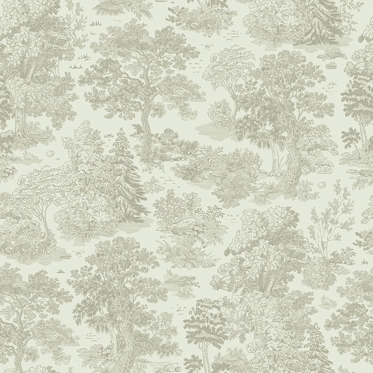 VEELIKE Beige Toile Peel and Stick Wallpaper Vintage Woodland Forest Wallpaper for Bedroom Living Room 17.7''x354'' Self Adhesive French Country Toile Wall Paper for Bathroom Accent Walls Removable