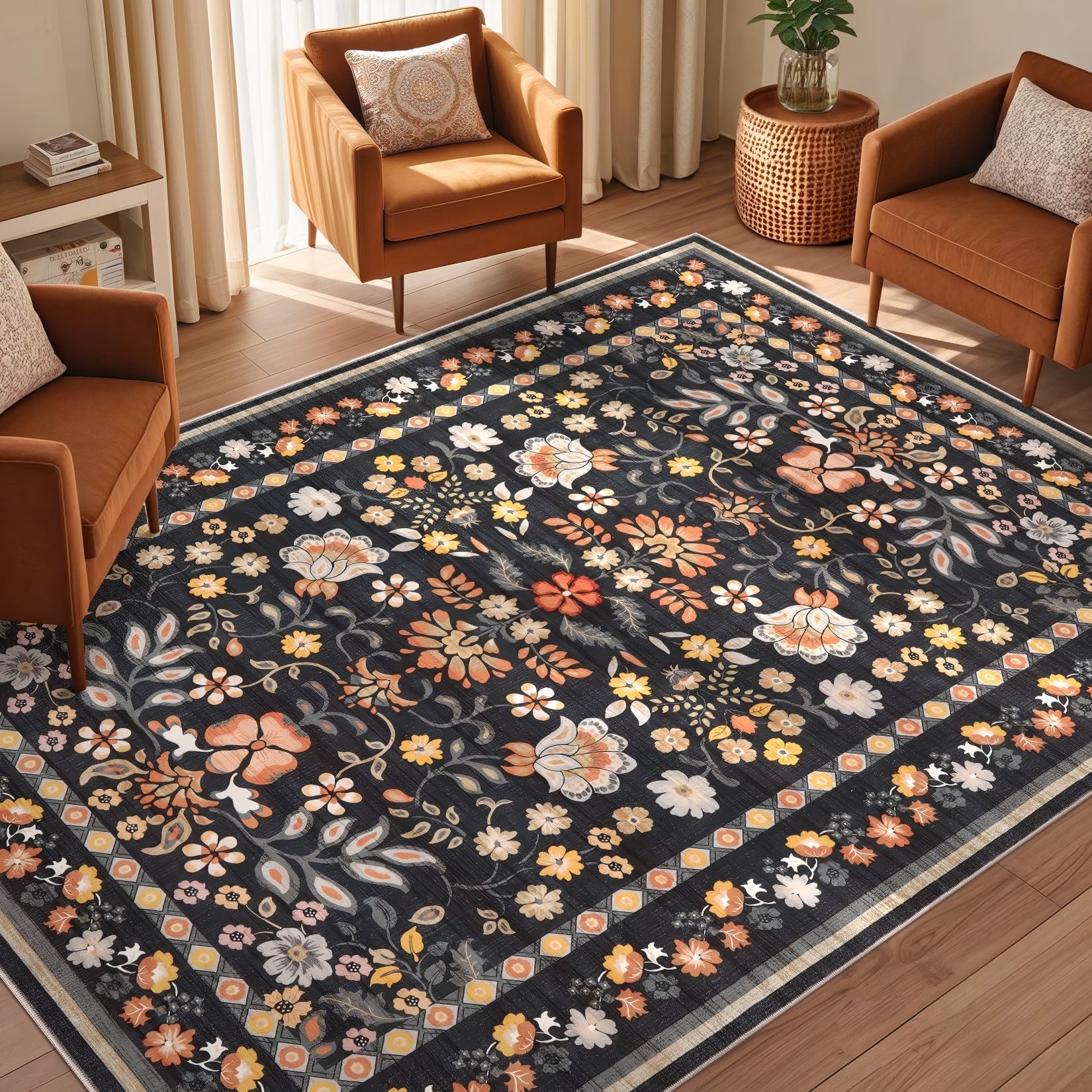 UERMEI 5x7 Area Rug Living Room Rugs - Washable Boho Vintage Floral Large Soft Non Slip Thin Rug Low Pile Carpet for Bedroom Dining Room Kids Playroom Office Decor Indoor- Black Grey