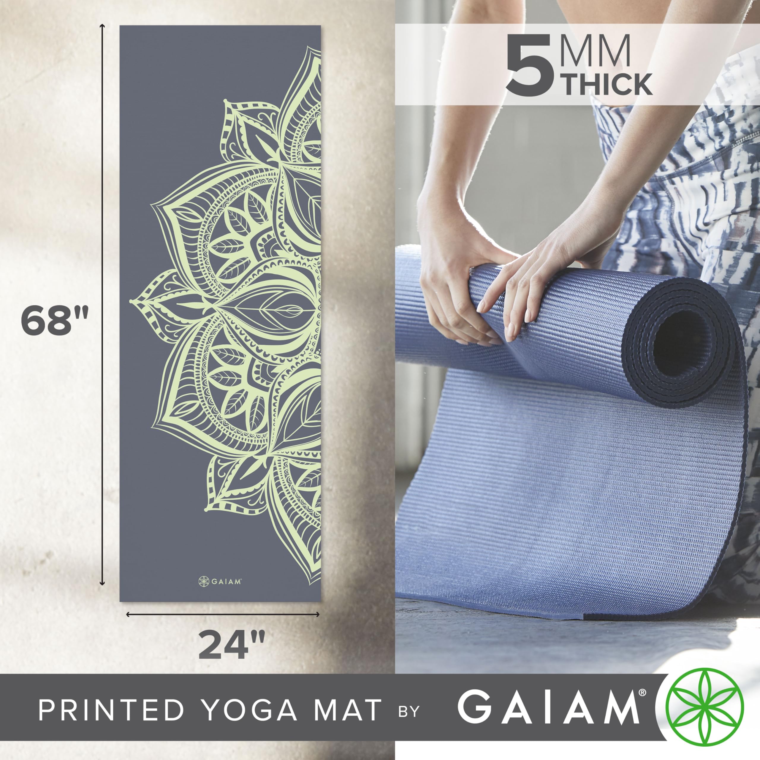 Gaiam - Tapis de yoga, d'exercice et de fitness antidérapant de qualité supérieure à imprimé, 5 mm d'épaisseur, pour tous les types de yoga, pilates et entraînements au sol (172,7 x 61 x 5 mm)
