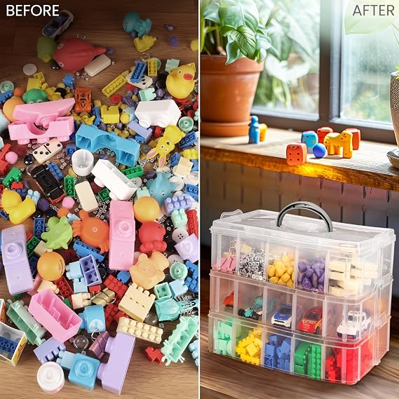 Kurtzy 3-Tier Craft Storage Box - Plastic Organiser Box for Medicine, Craft Supplies, Beads, Jewellery, Lego and Hair Accessories (3 Tier 30)