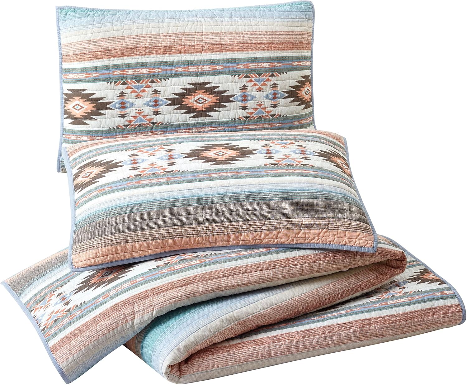 Sunset Canyon 3-Piece Southwestern Stripe Rustic Quilt Set, 100% Cotton Lightweight All Seasons Quilted Coverlet and Sham - Full Queen Size