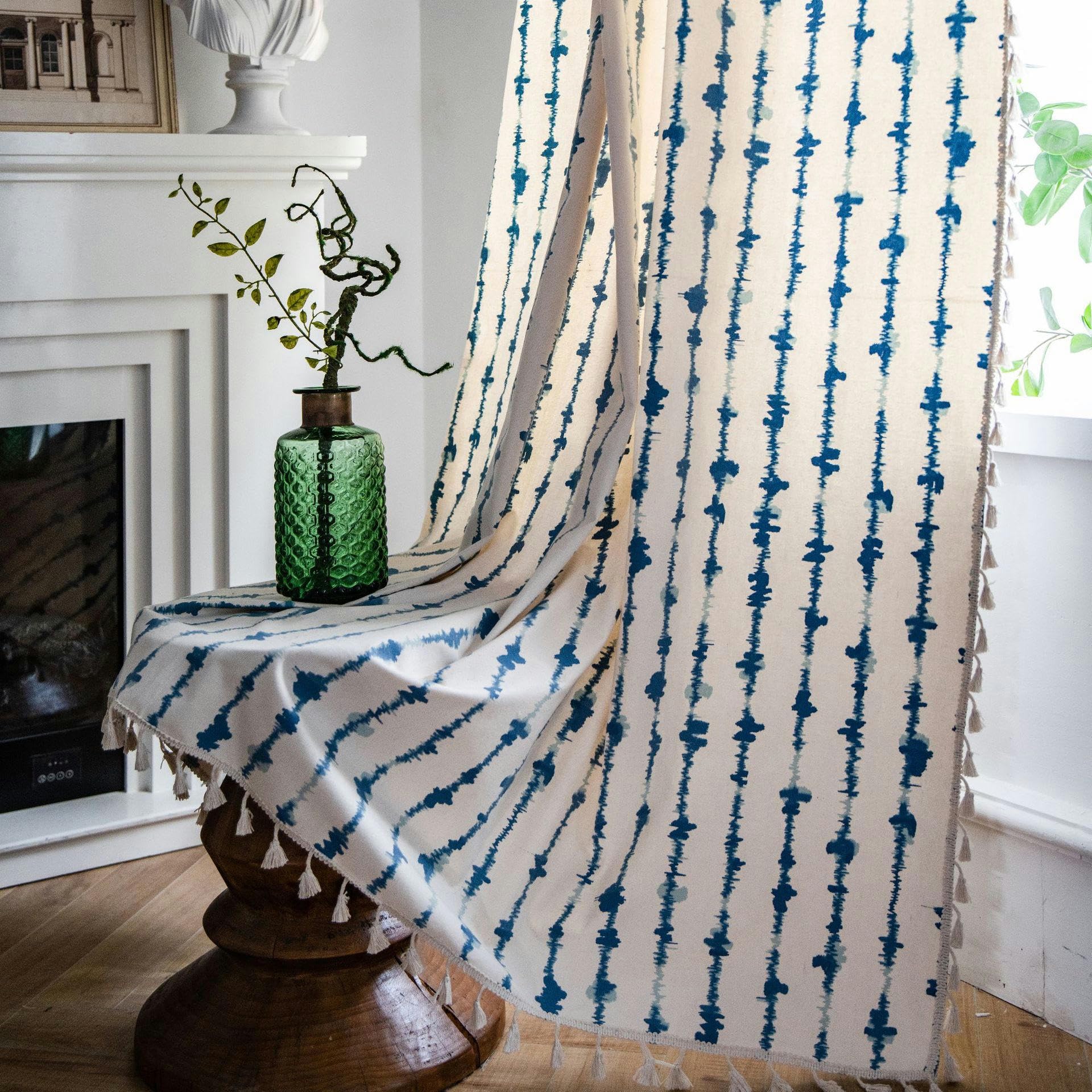 Rideaux occultants pour salon contre le vis-à-vis en coton lin bleu 150x300