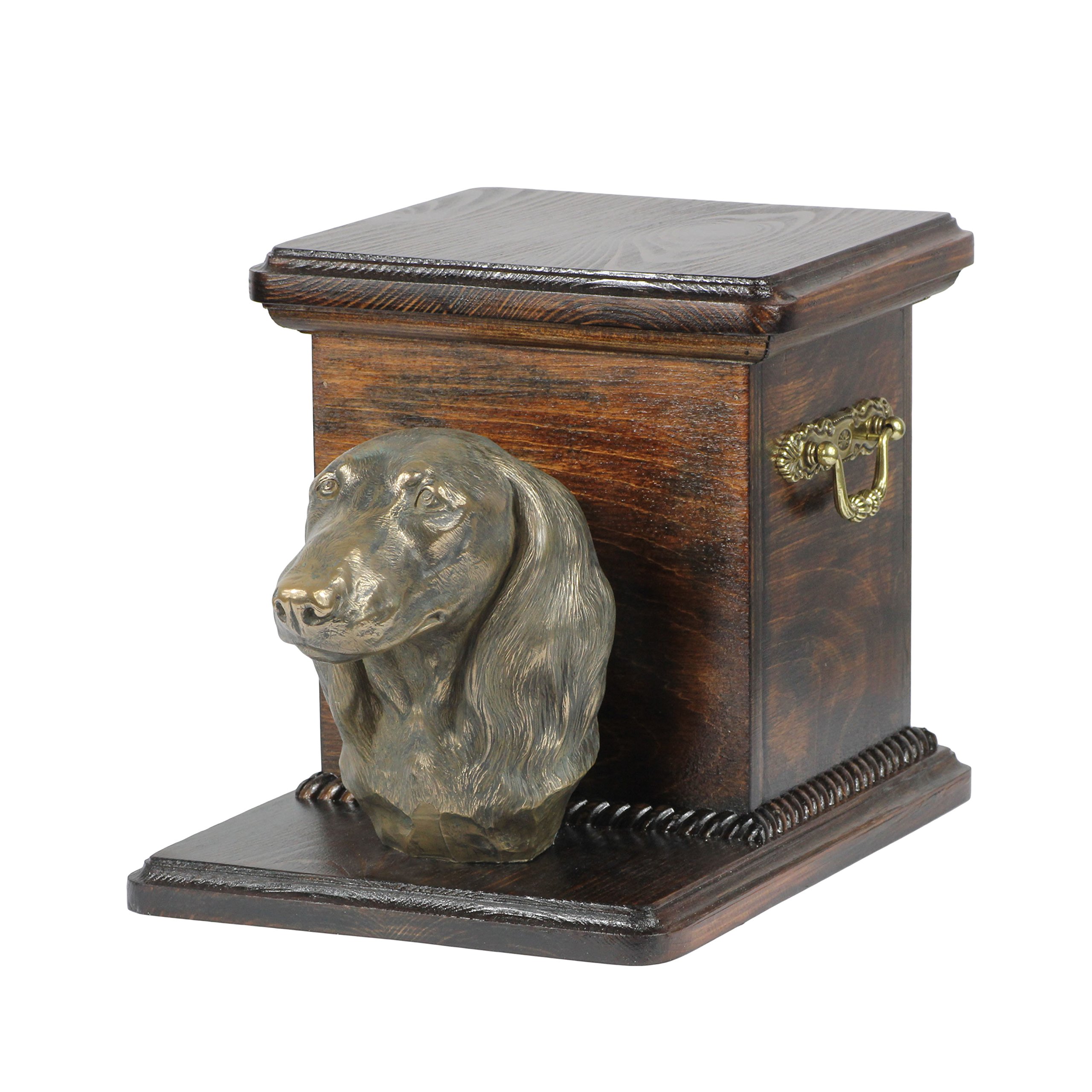 Urne funéraire chien Teckel poil long, urne pour cendres en bronze avec socle en bouleau