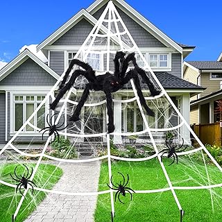 F FiGoal Halloween Giant 23 FT Triangular Mega Spider Web with 3 FT Huge Black Hairy Spider and Super Stretch Cobwebs Hall...