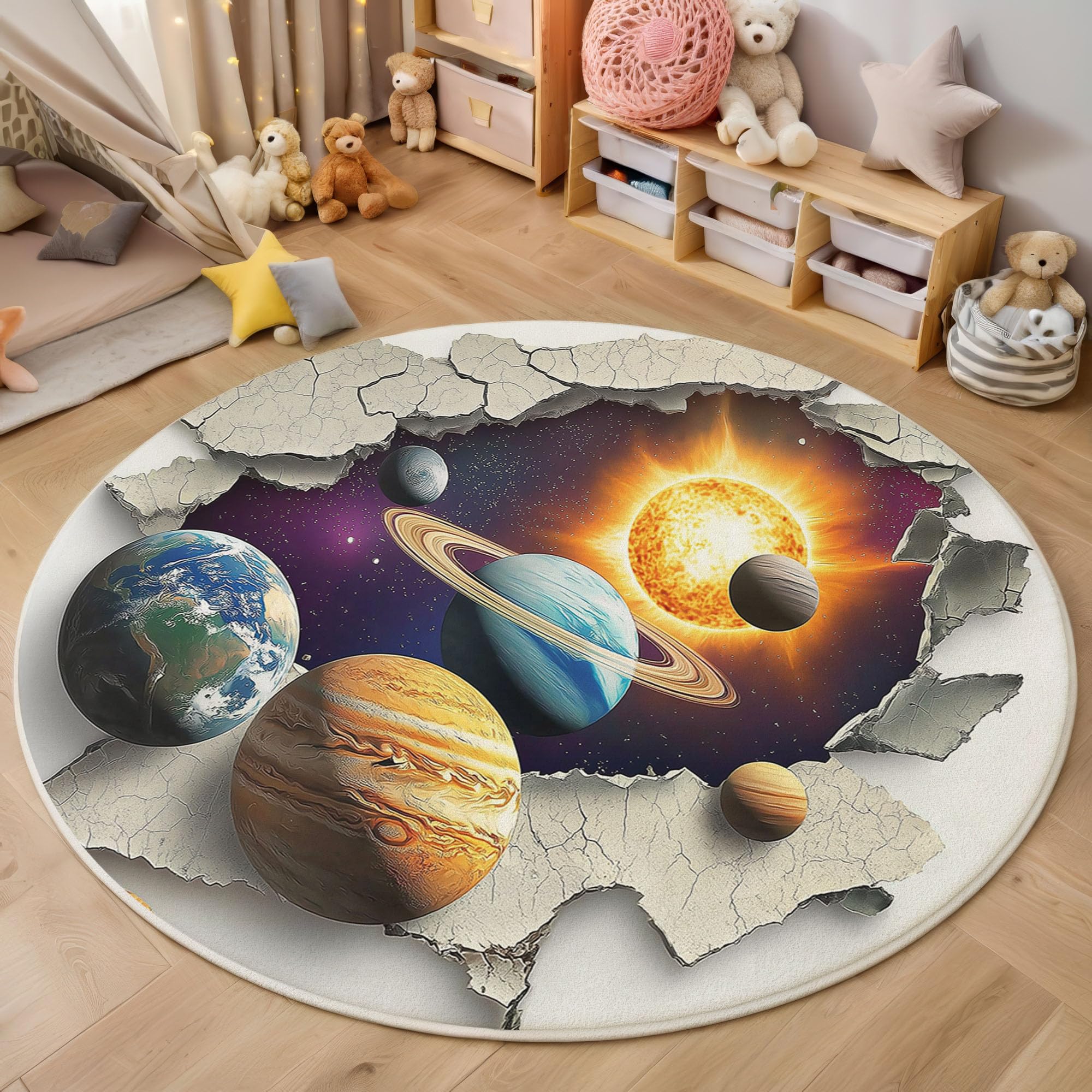 Tapis Rond Système Solaire Planètes 100cm, Art 3D Chic Lavable en Machine Salon Tapis Antidérapant, Moquette Imprimé pour Salle à Manger, Chambre d’Enfant, Nurserie, Violet