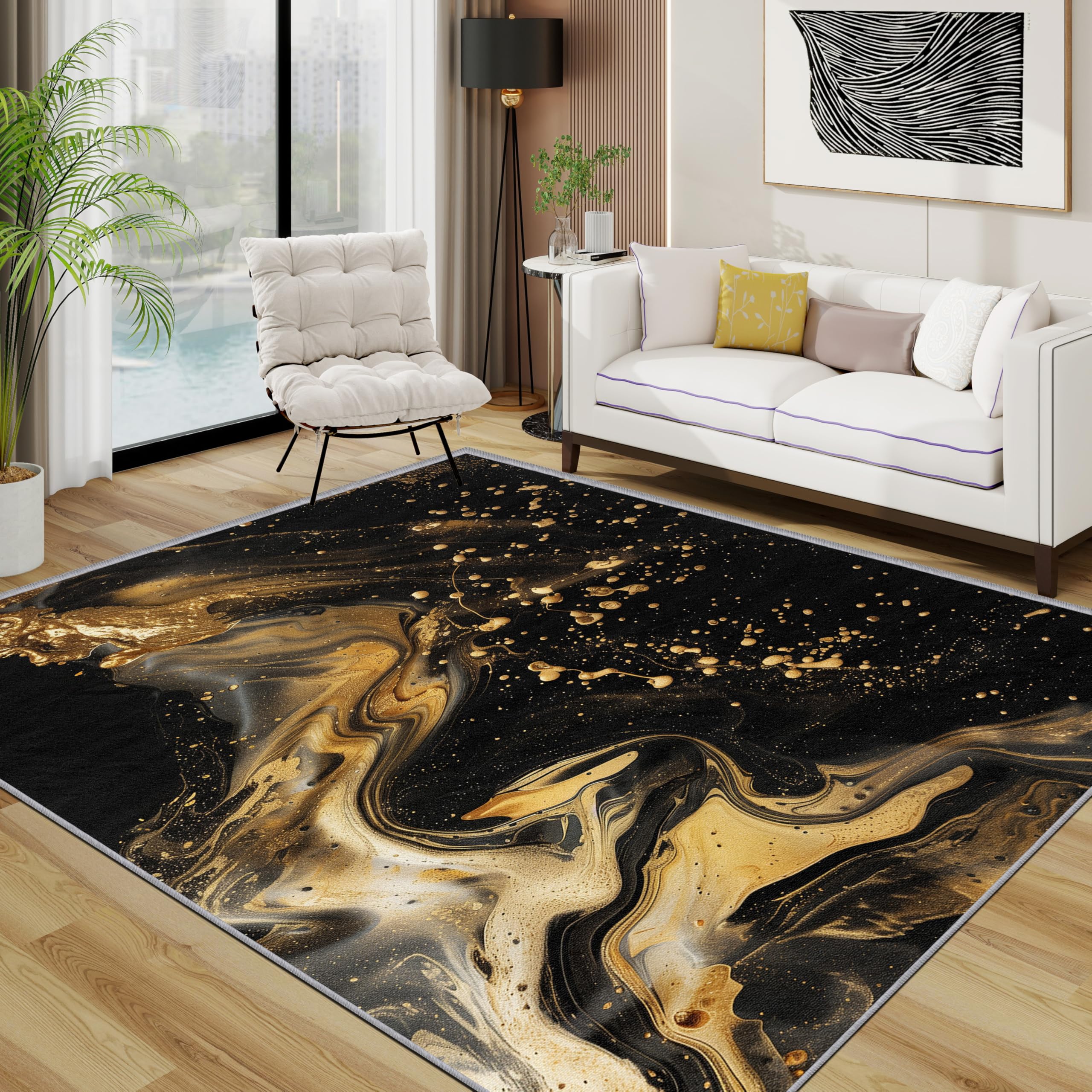 Marmor Teppich 200x200 cm, Abstrakt Luxus Kunst Waschbarer Teppiche Wohnzimmer, Schwarz Gold rutschfest Antirutsch Groß Teppiche Für Esszimmer, Quadratisch, Schwarz Gold