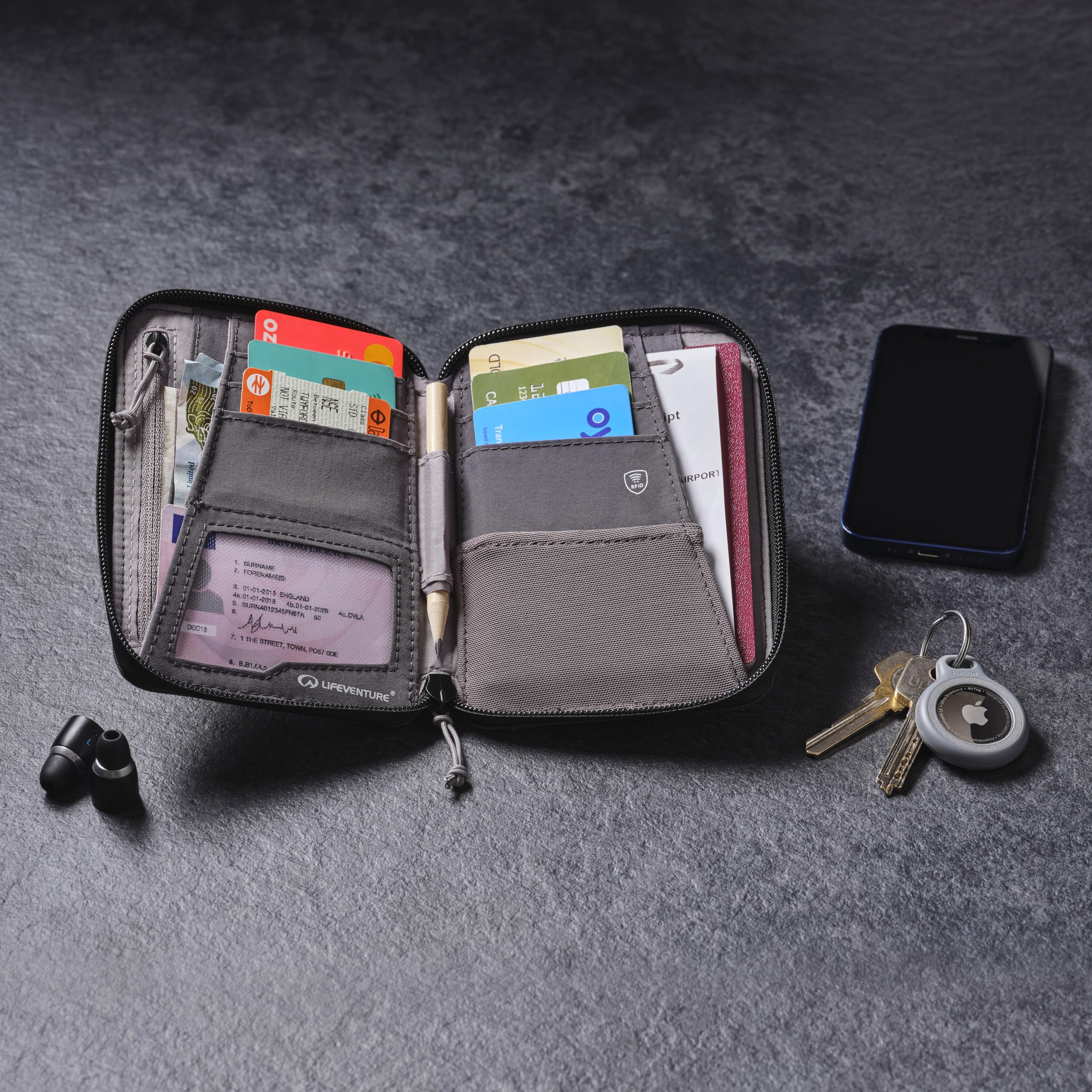 Lifeventure Mini portfel podróżny z ochroną RFID – składany portfel z zamkiem błyskawicznym i etui na paszport do podróży, przyjazny dla środowiska, materiał nadający się do recyklingu (szary)