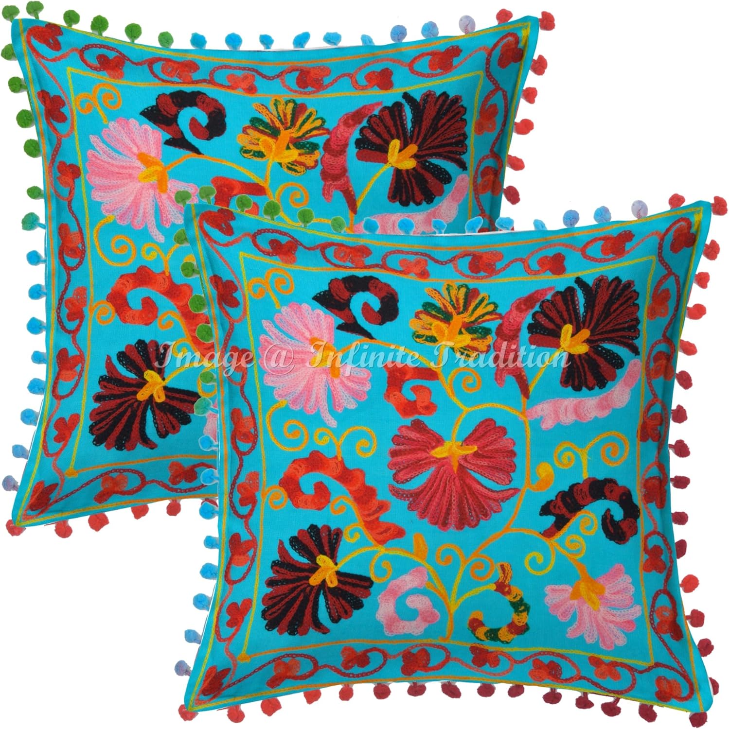 Ethnic Indian Chair Seat Throw Pillow Cover 16x16 Suzani Embroidered Turquoise 40x40 cm Pom Pom Lace Cotton Multi-Color Floral Cushion Covers Set of 2.