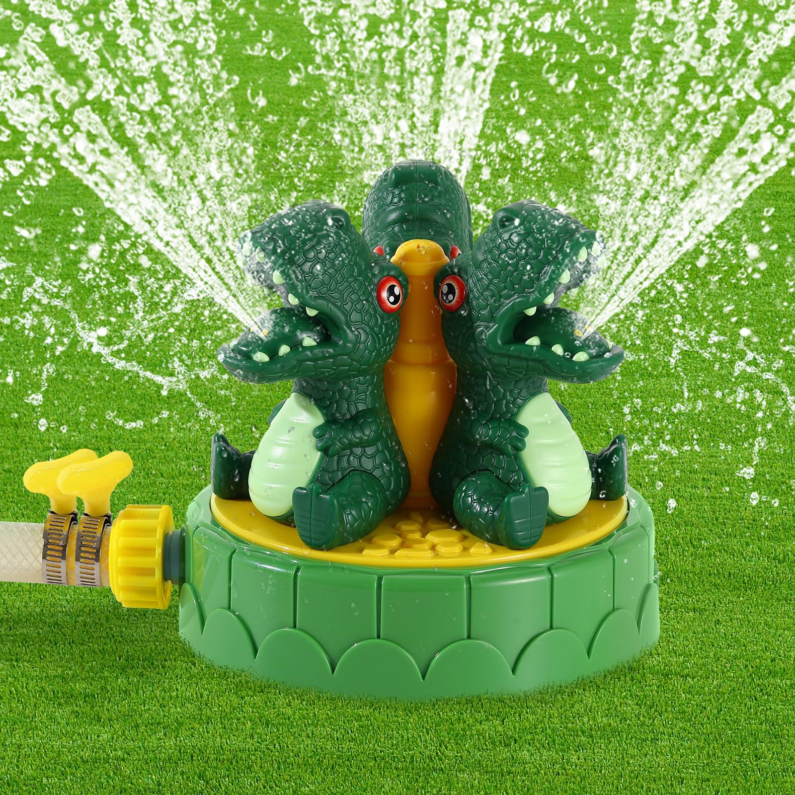 MoKo Dinosaur Sprinkler for Kids-Cute Outdoor Water Toy Spray Swimming Pool Toy with 2 Hose Clamps 3 Nozzles Fun Summer Play Water Toys for Backyard Lawn Garden Game Activities Pet Boys Girls, Green