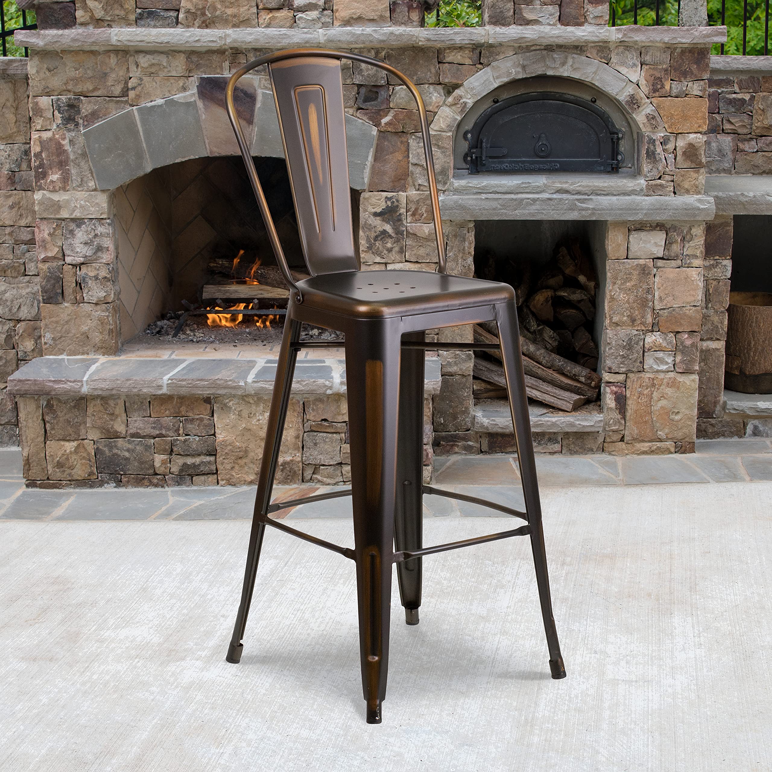 EMMA + OLIVER Commercial Grade 30" H Distressed Copper Metal Indoor-Outdoor Barstool w/Back