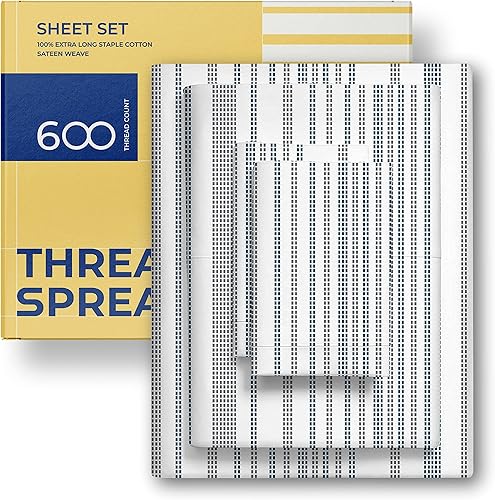 THREAD SPREAD Sábanas 100% algodón estampadas, 600 hilos, juego de sábanas de 4 piezas con puntos azules y grises a rayas, sábanas de satén de lujo