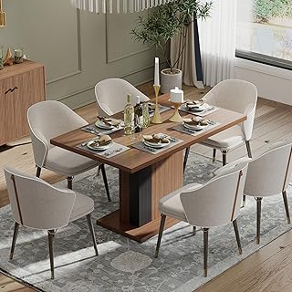 Manora 55" Modern Farmhouse Dining Table for 6 People, Rectangular Kitchen & Dining Room Wood Table with Pedestal Base, Walnut Finish