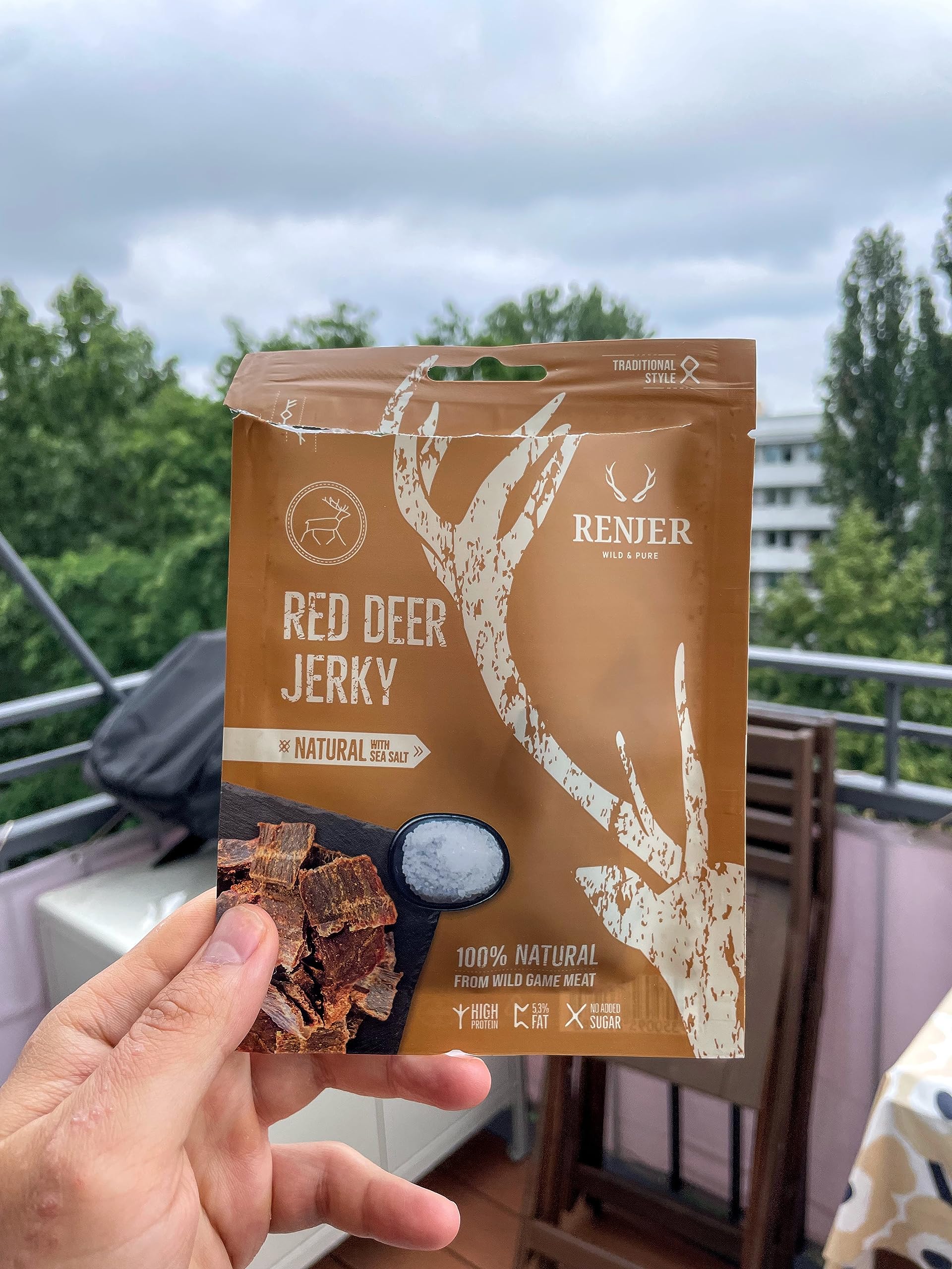 Renjer Red Deer Jerky with Sea Salt - Confezione da 15 (15 x 25 g) - Autentica esperienza di gusto nordico, carne di selvaggina, qualità gourmet